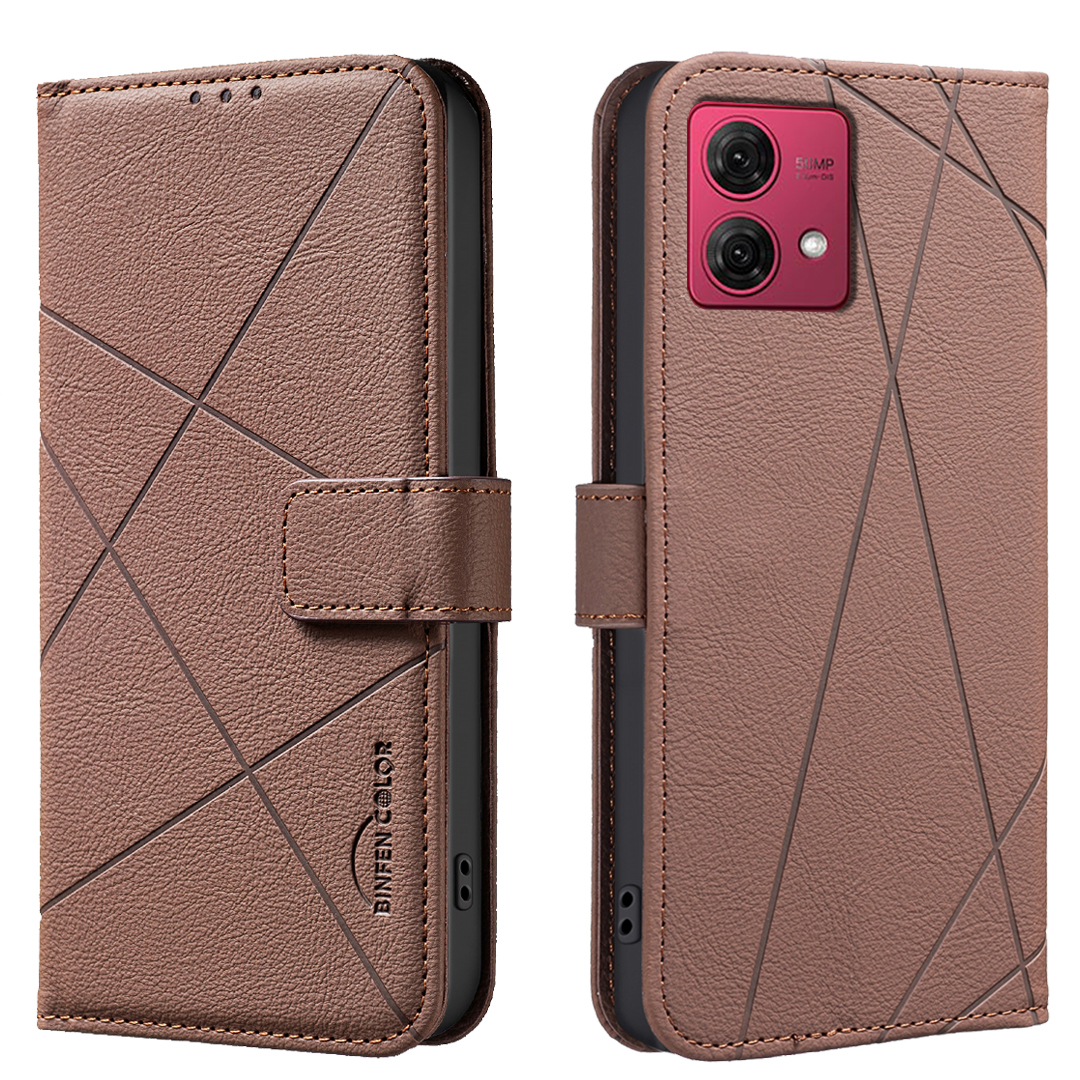 BINFEN COLOR For Motorola Moto G84 5G Case  BF35 Geometry Imprinted Leather Phone Cover RFID Blocking Wallet Stand - Brown