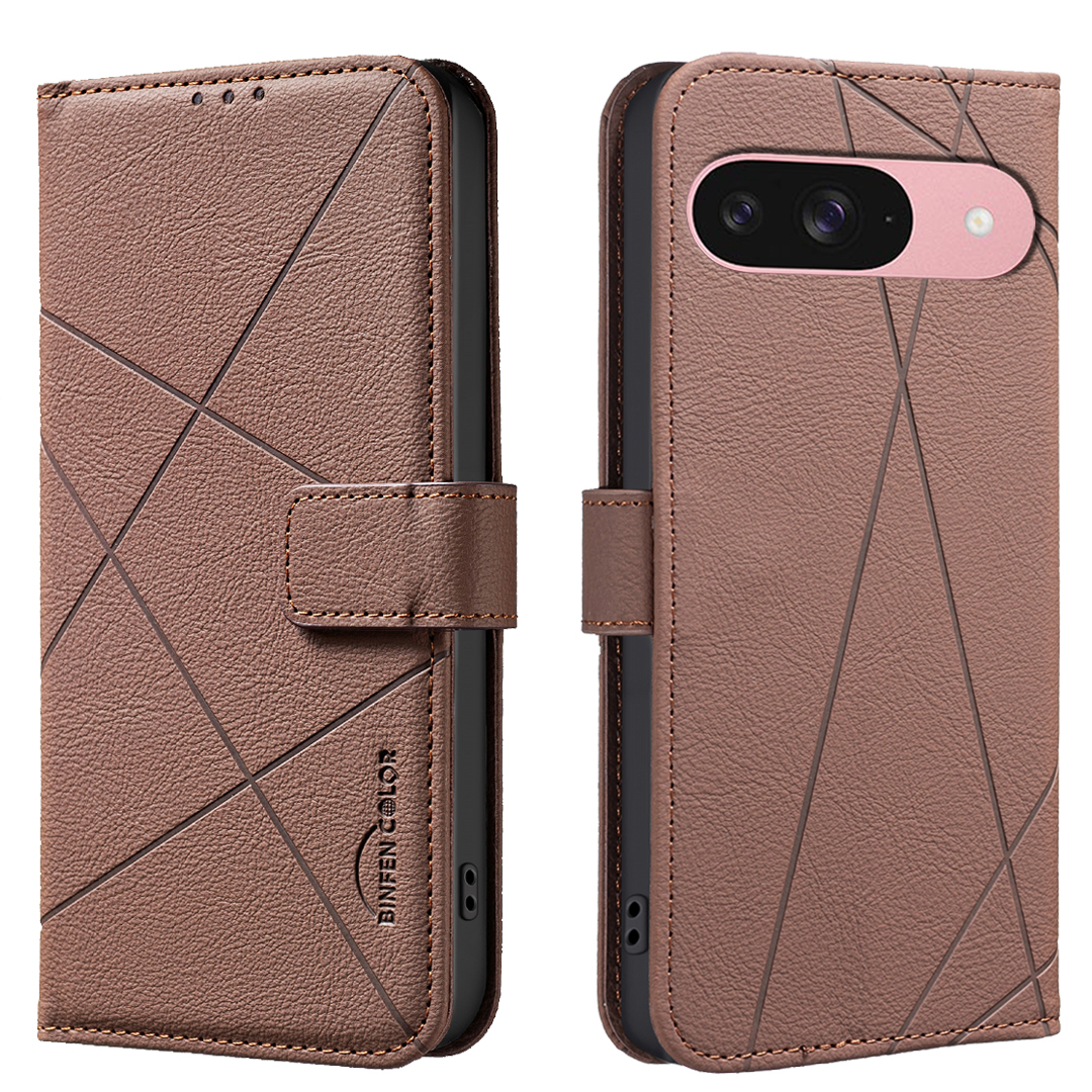 BINFEN COLOR For Google Pixel 8 Pro Case  BF35 Geometry Imprinted Leather Phone Cover RFID Blocking Wallet Stand - Brown