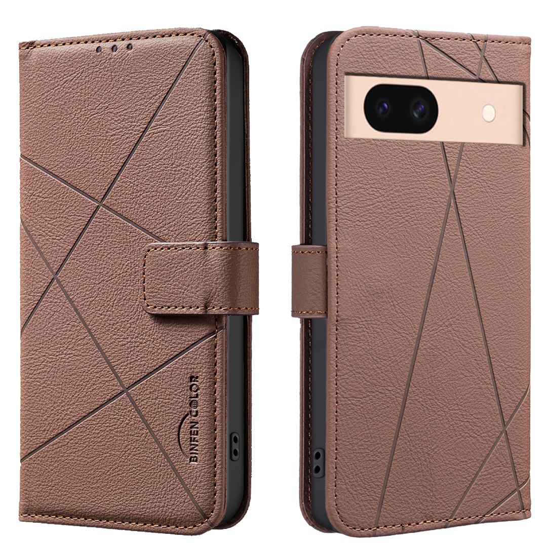 BINFEN COLOR For Google Pixel 8a Case  BF35 Geometry Imprinted Leather Phone Cover RFID Blocking Wallet Stand - Brown