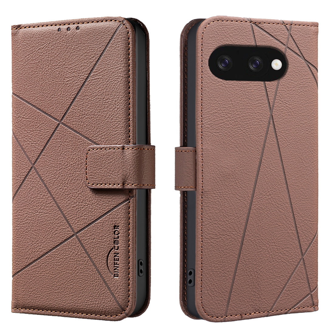 BINFEN COLOR For Google Pixel 9a Case  BF35 Geometry Imprinted Leather Phone Cover RFID Blocking Wallet Stand - Brown