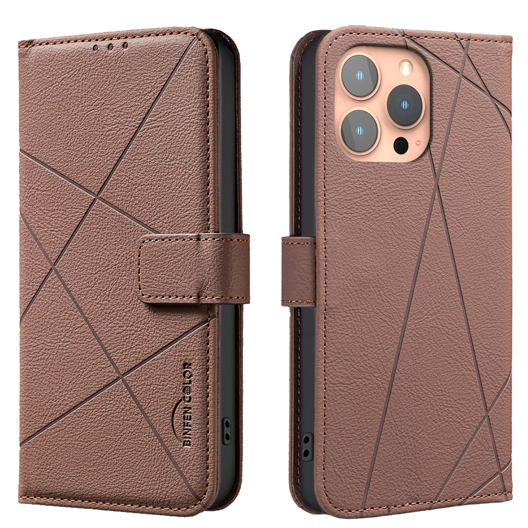 BINFEN COLOR For iPhone 16 Pro Case  BF35 Geometry Imprinted Leather Phone Cover RFID Blocking Wallet Stand - Brown