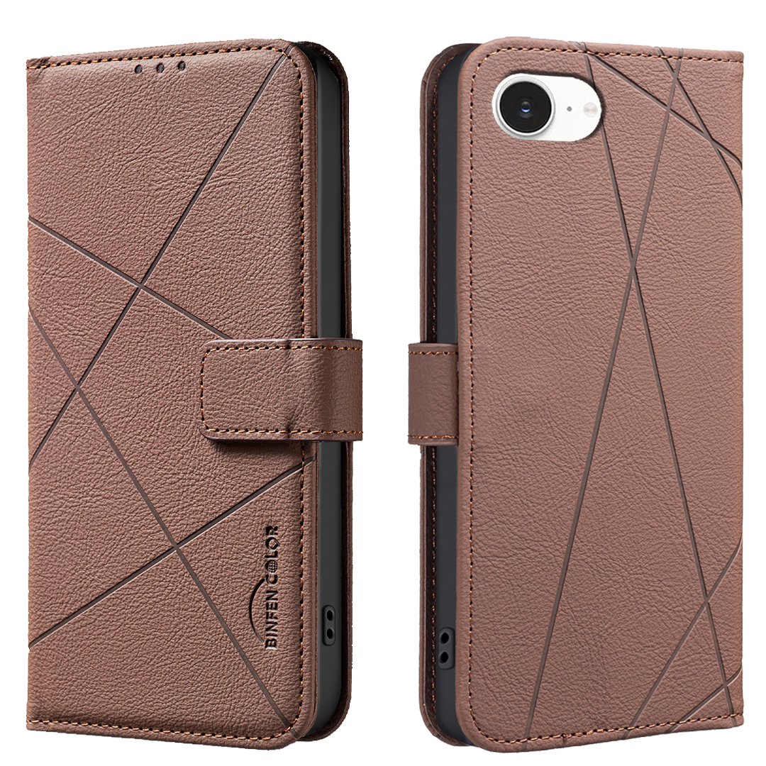 BINFEN COLOR For iPhone 17e / 16e Case  BF35 Geometry Imprinted Leather Phone Cover RFID Blocking Wallet Stand - Brown