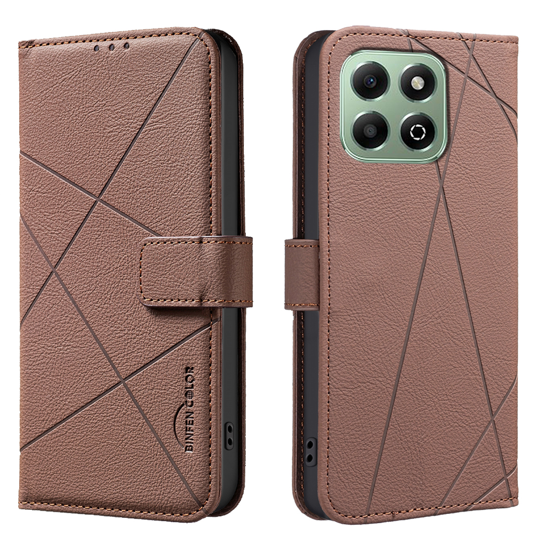 BINFEN COLOR For Honor X6b 4G Case  BF35 Geometry Imprinted Leather Phone Cover RFID Blocking Wallet Stand - Brown