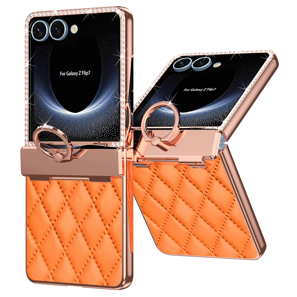 For Samsung Galaxy Z Flip7 5G Case Rhinestone Decoration Ring Holder Rhombus Leather + PC Phone Cover - Orange