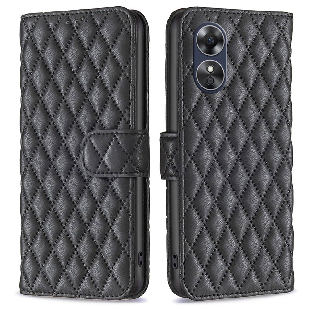 

Binfen Farbe BF Style-14 PU Leder Flip Cover Für Oppo A17 4G Anti-schock Geprägtes Rhombusmuster Telefonständer Mit Brieftasche - Schwarz, Oppo A17 4G