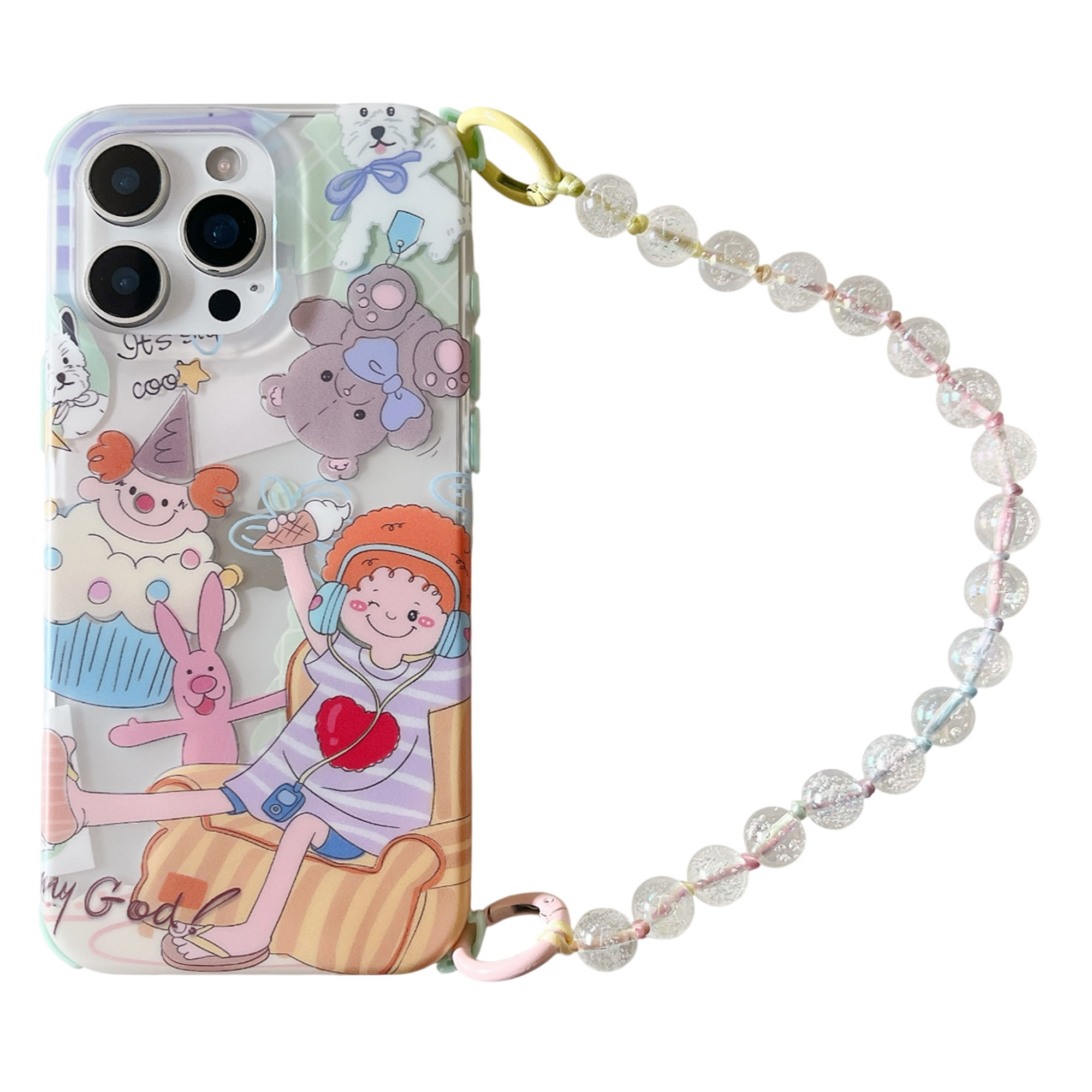 For iPhone 16 Pro Case IMD Cute Music Girl TPU Phone Cover with Beaded Strap