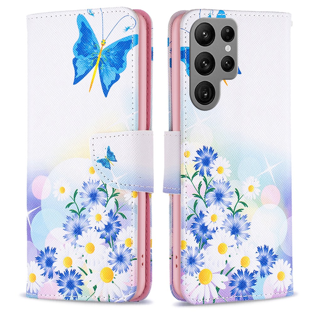 

BF Pattern Printing Leather Series-1 for Samsung Galaxy S23 Ultra Wallet Case PU Leather Stand Flip Magnetic Protective Shockproof Cover - Butterfly and Flowers, Galaxy S23 Ultra