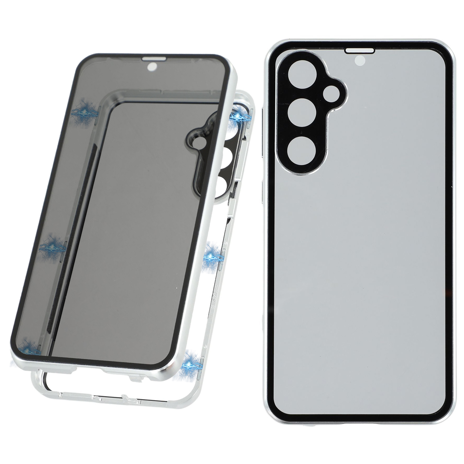For Samsung Galaxy S23 FE Case with Anti-Spy Screen Protector  /  Lens Film Tempered Glass Metal Phone Cover - Silver
