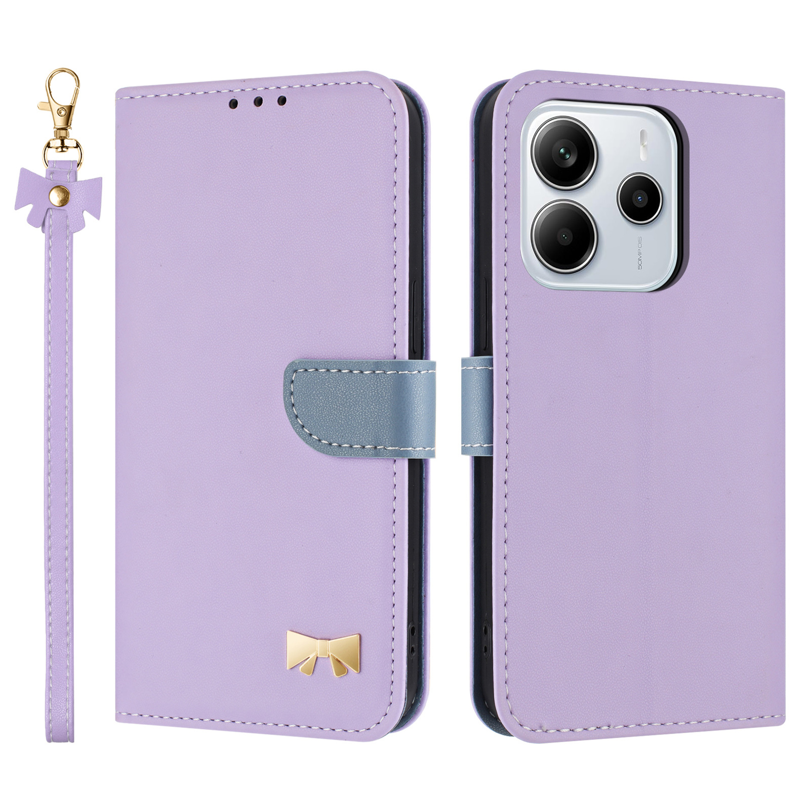 For Xiaomi Redmi Note 14 5G / Poco M7 Pro 5G Case Bowknot Decor Wallet Leather Phone Cover with Wrist Strap - Red - Purple