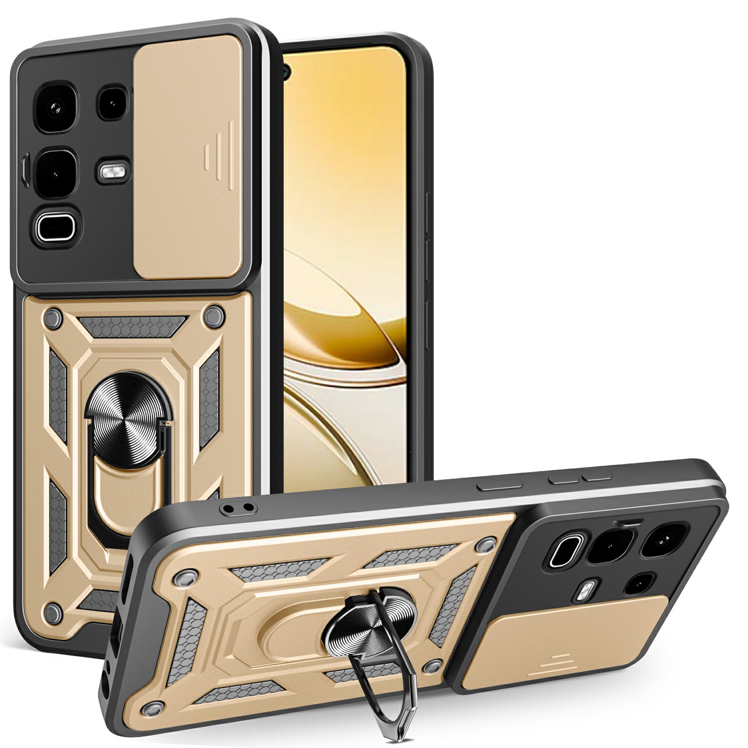For Infinix Note 50s 5G Case with Slide Camera Lid PC + TPU Kickstand Phone Cover - Gold