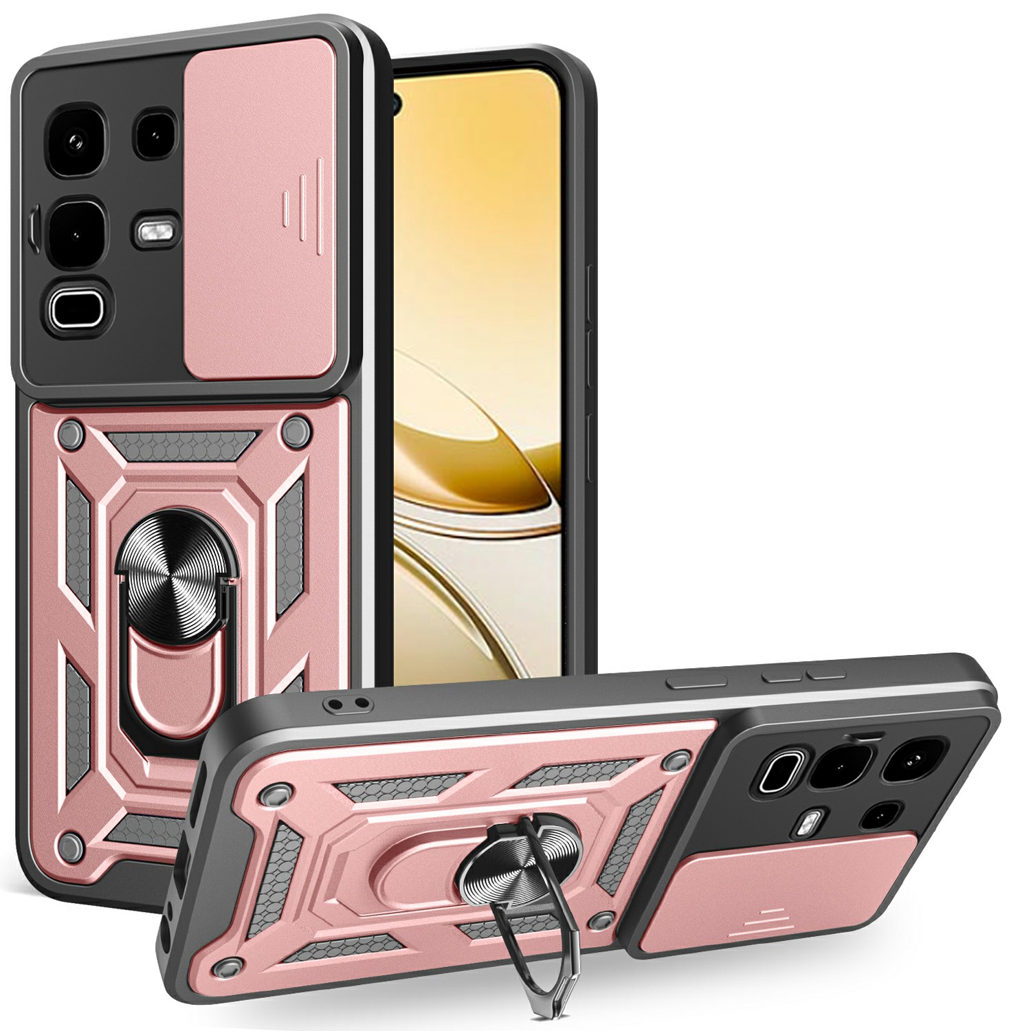 For Infinix Note 50s 5G Case with Slide Camera Lid PC + TPU Kickstand Phone Cover - Rose Gold
