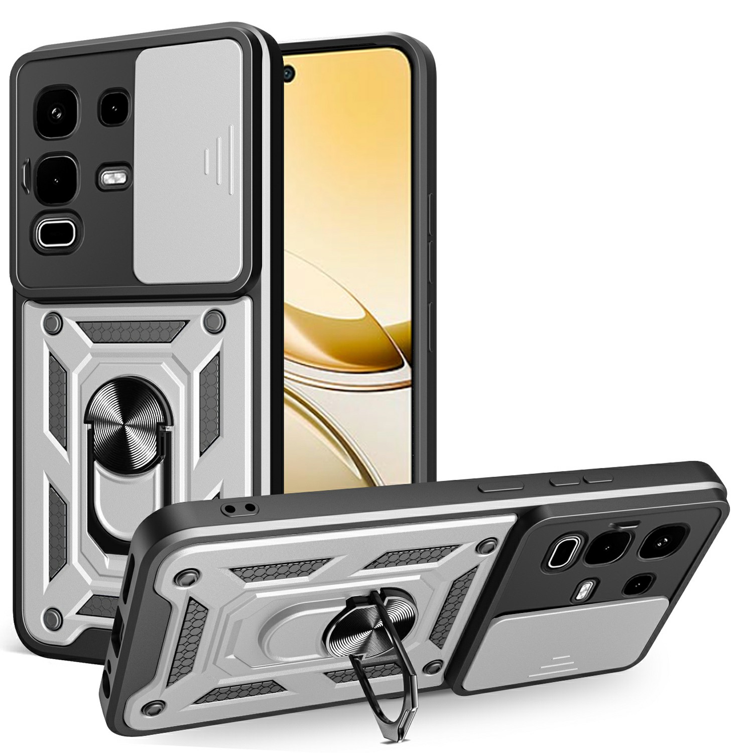 For Infinix Note 50s 5G Case with Slide Camera Lid PC + TPU Kickstand Phone Cover - Silver