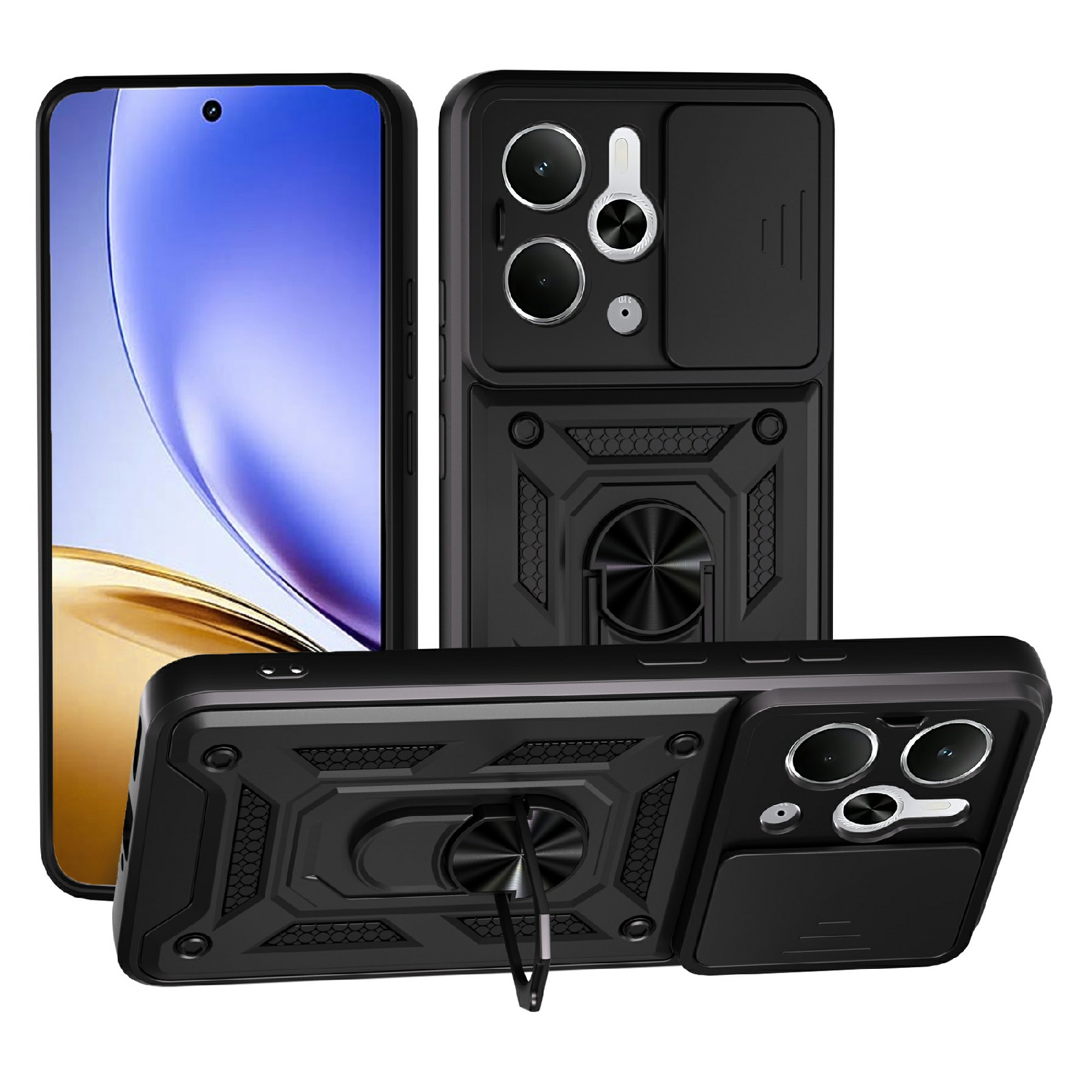 For Realme P3 5G / 14 5G Case with Slide Camera Lid PC + TPU Kickstand Phone Cover - Black