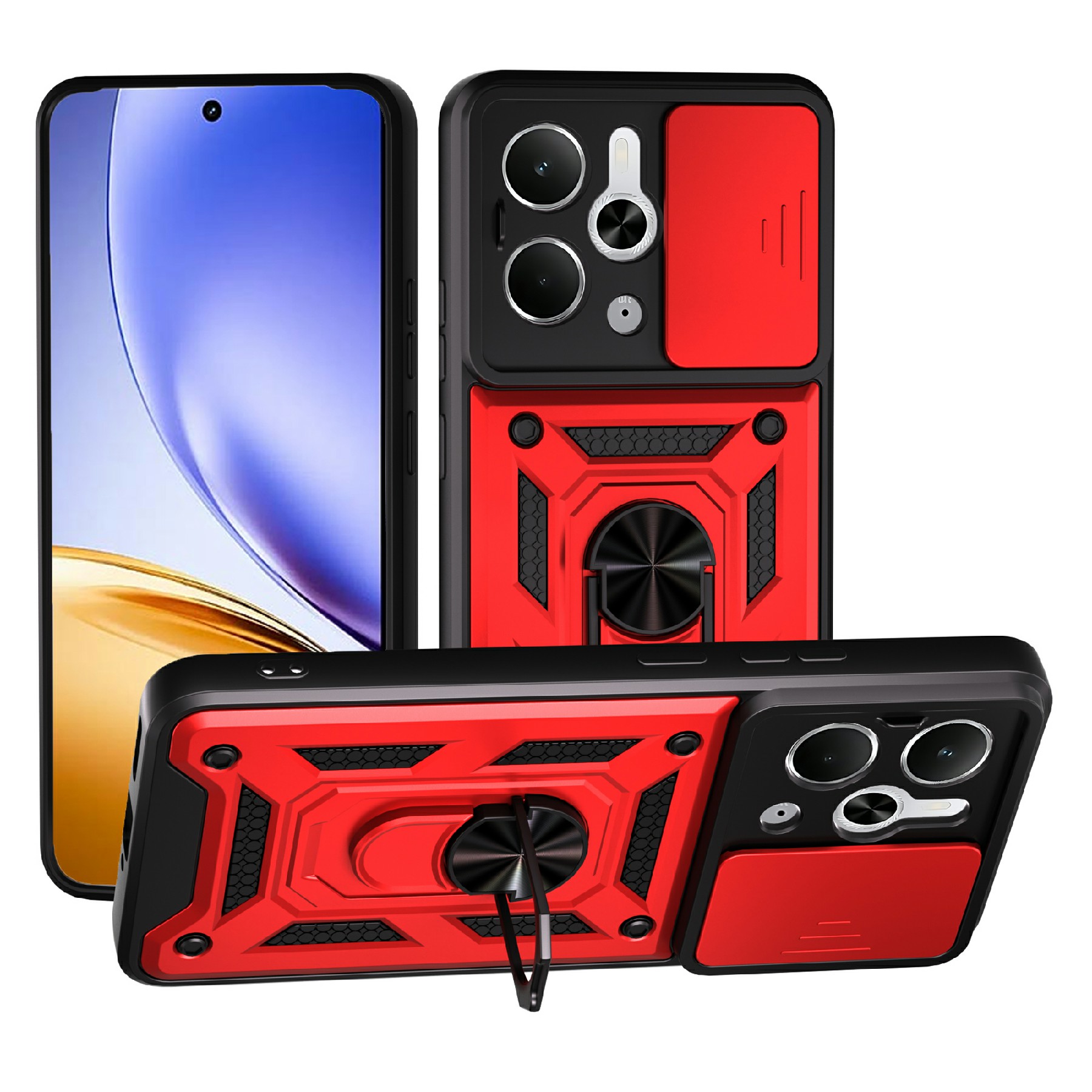 For Realme P3 5G / 14 5G Case with Slide Camera Lid PC + TPU Kickstand Phone Cover - Red