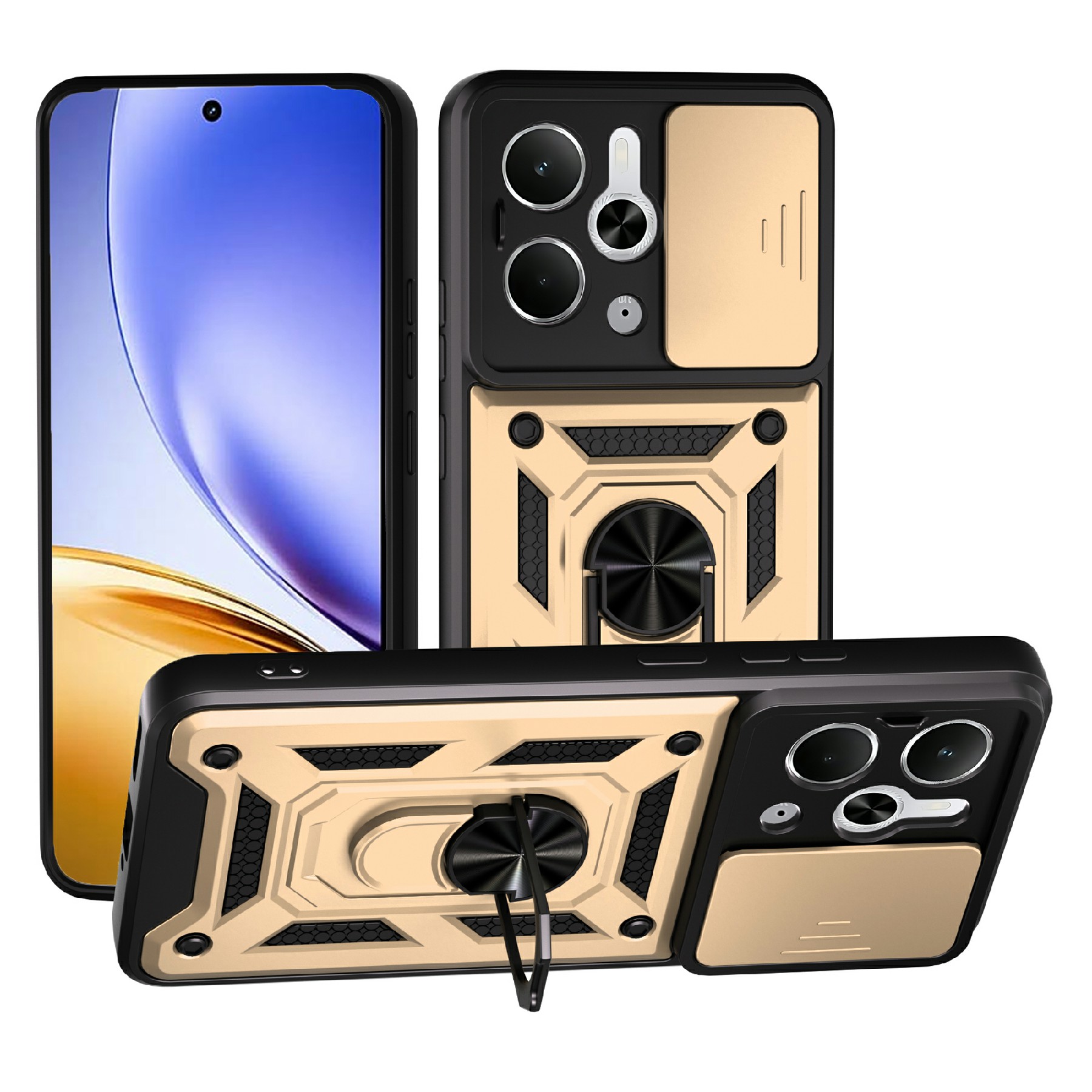 For Realme P3 5G / 14 5G Case with Slide Camera Lid PC + TPU Kickstand Phone Cover - Gold