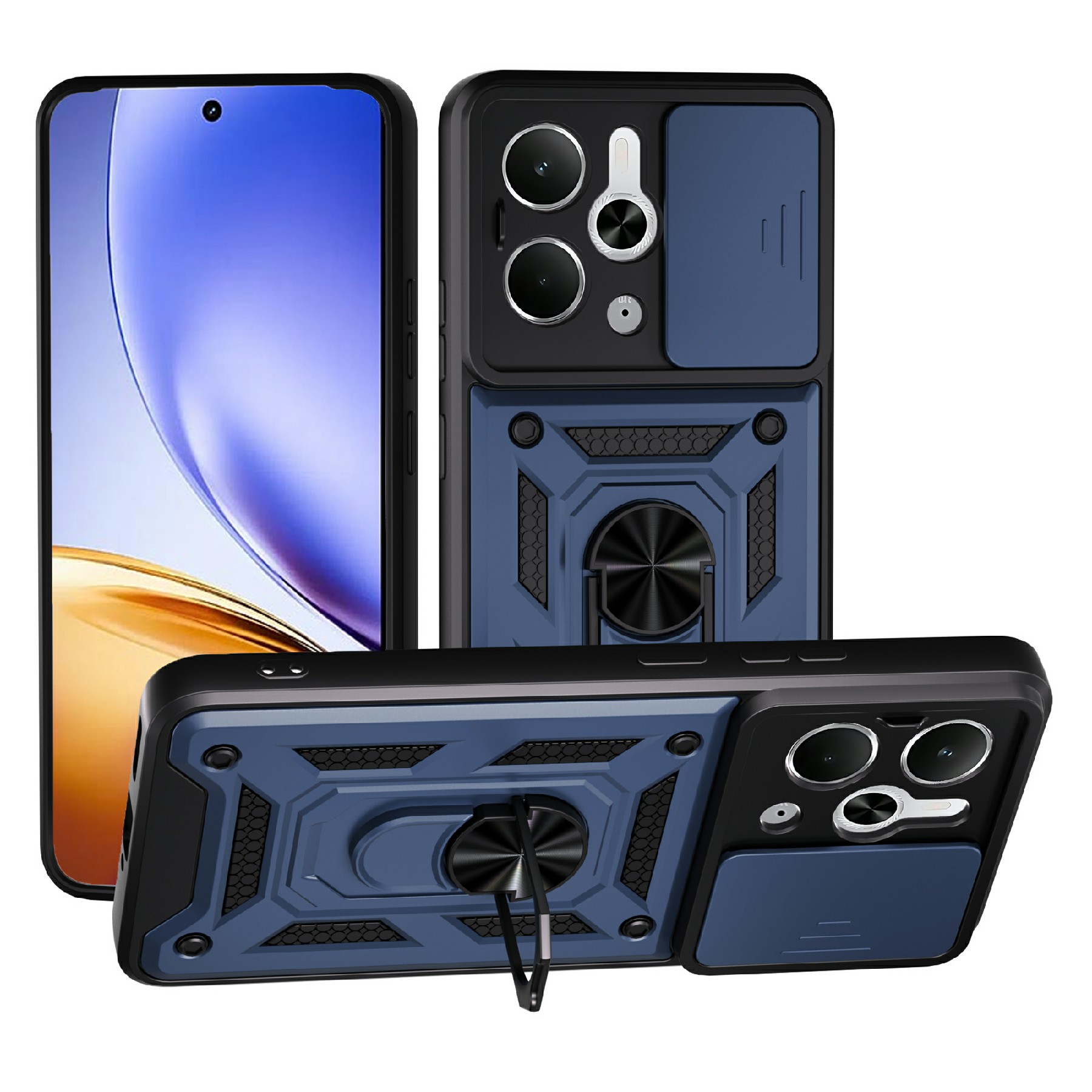 For Realme P3 5G / 14 5G Case with Slide Camera Lid PC + TPU Kickstand Phone Cover - Blue