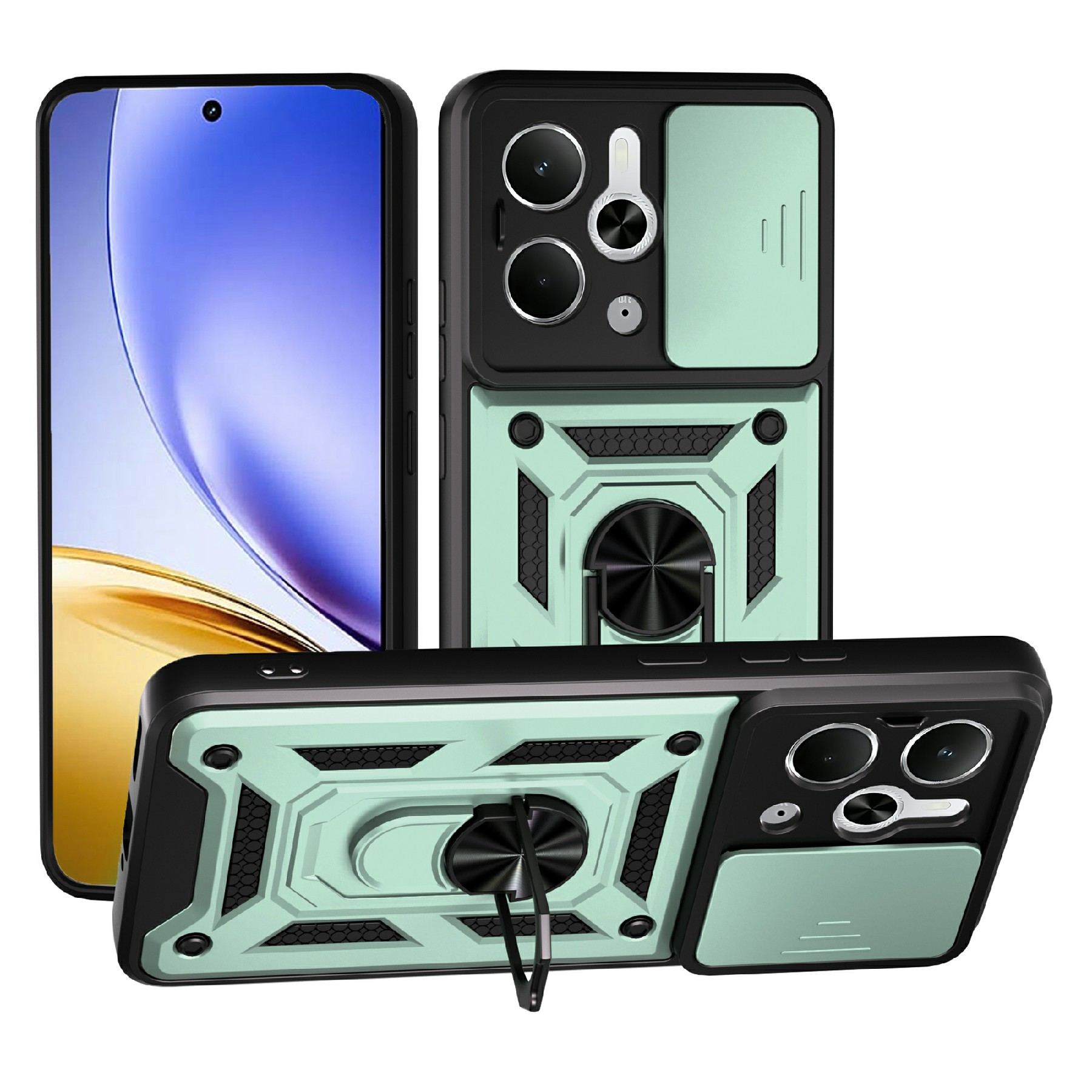 For Realme P3 5G / 14 5G Case with Slide Camera Lid PC + TPU Kickstand Phone Cover - Green