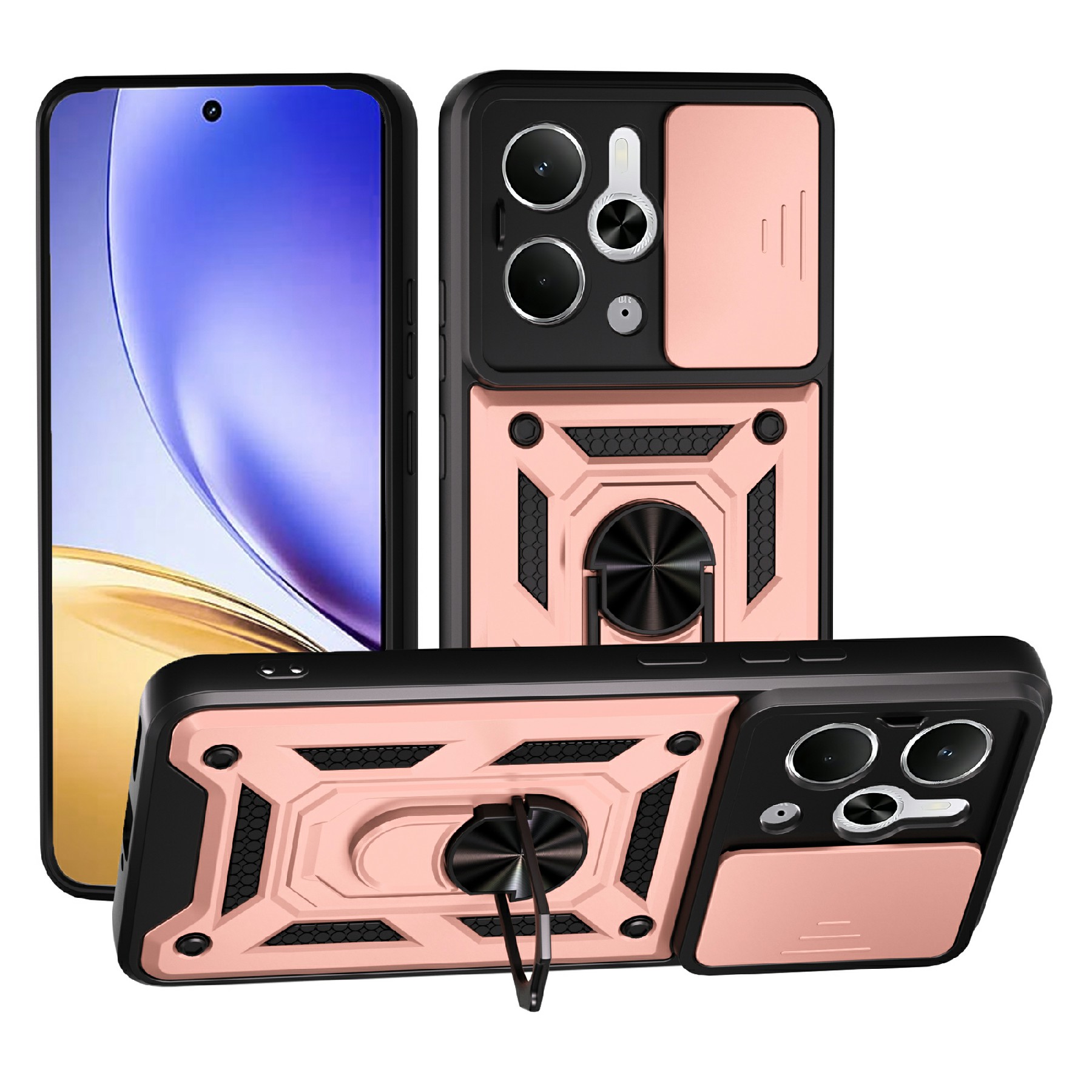 For Realme P3 5G / 14 5G Case with Slide Camera Lid PC + TPU Kickstand Phone Cover - Rose Gold
