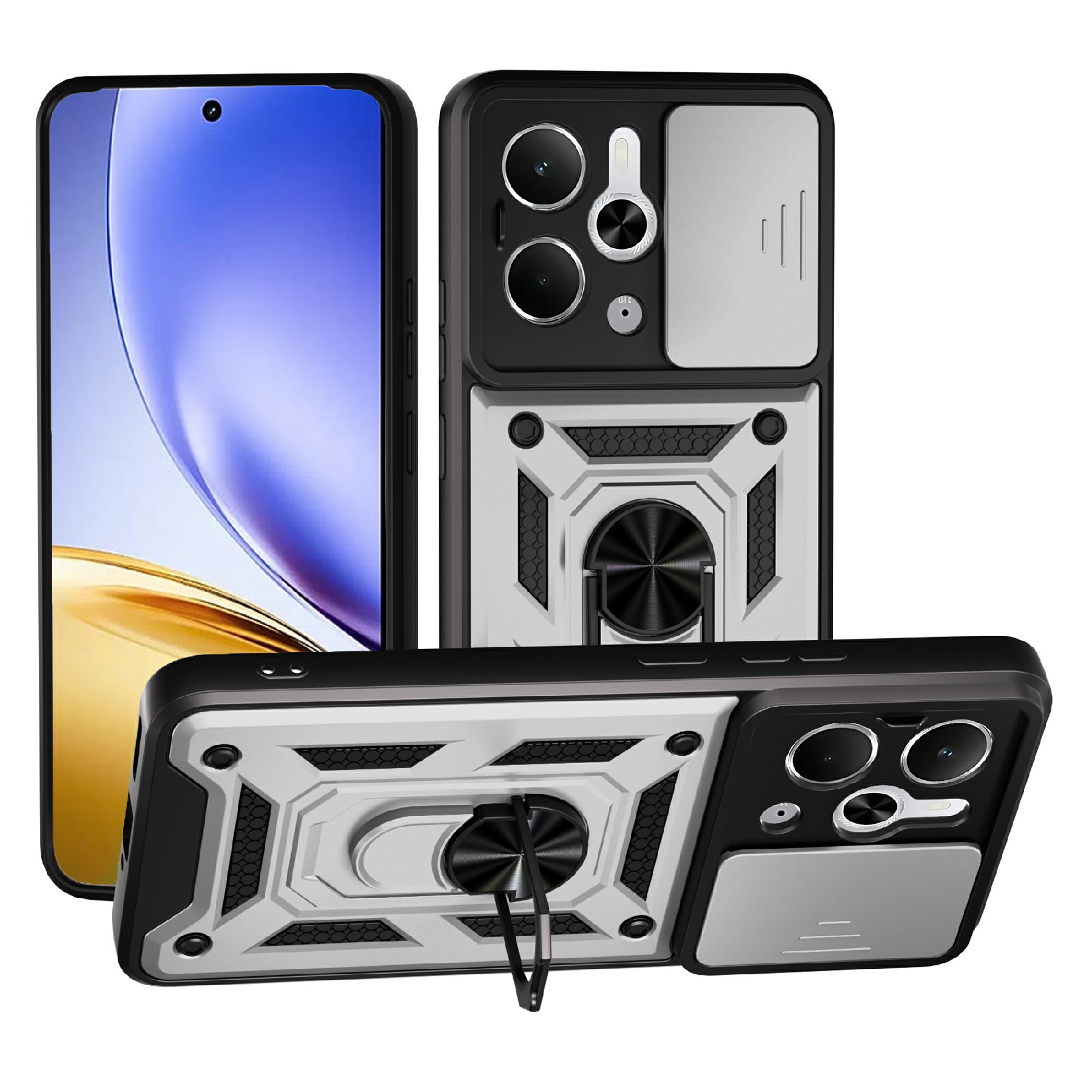 For Realme P3 5G / 14 5G Case with Slide Camera Lid PC + TPU Kickstand Phone Cover - Silver