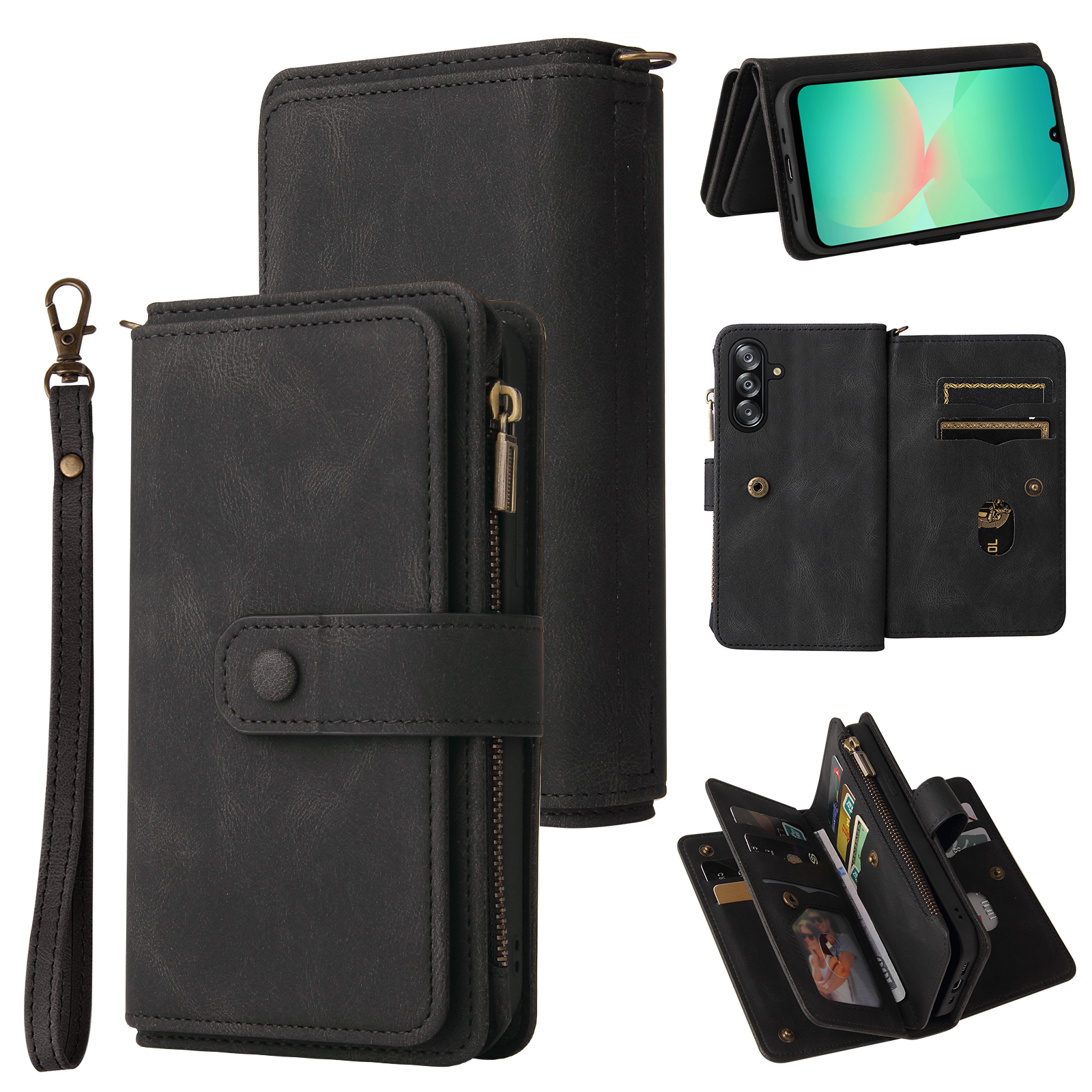 For Samsung Galaxy A16 4G / Galaxy A16 5G / Galaxy A26 5G Zipper Wallet Case with 15 Card Slots and Strap Leather Phone Cover - Black