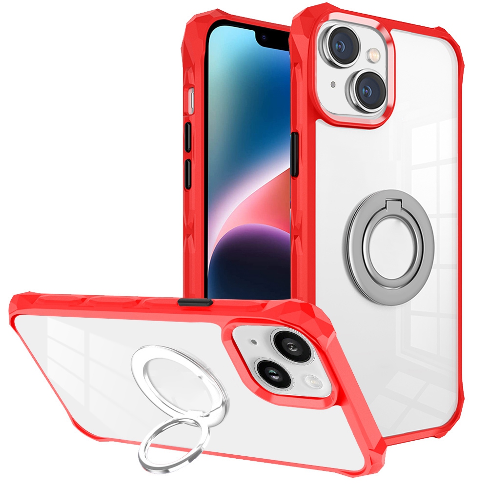 

Transparent PC + TPU Case for iPhone 14, Ring Holder Kickstand Anti-drop Cell Phone Cover - Red, iPhone 14