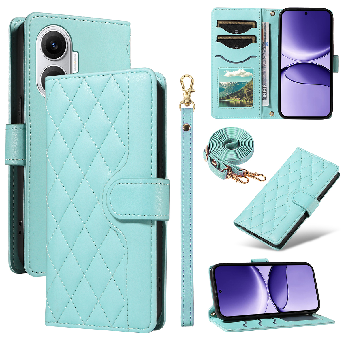 For Xiaomi Poco F7 5G / Xiaomi Redmi Turbo 4 Pro 5G Wallet Case Rhombus Leather Phone Cover with Strap - Green