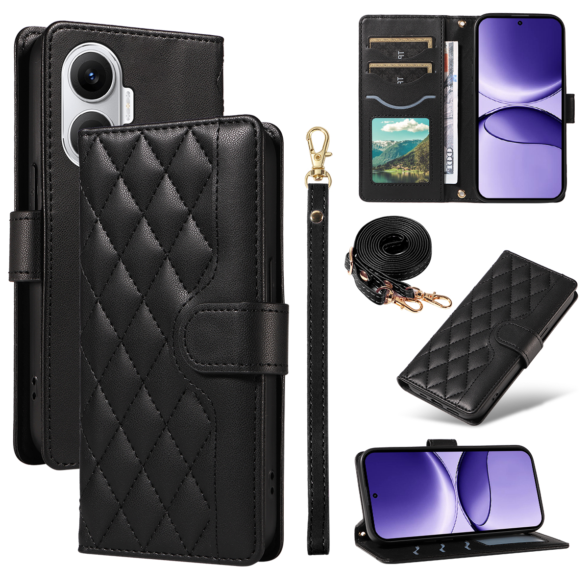 For Xiaomi Poco F7 5G / Xiaomi Redmi Turbo 4 Pro 5G Wallet Case Rhombus Leather Phone Cover with Strap - Black