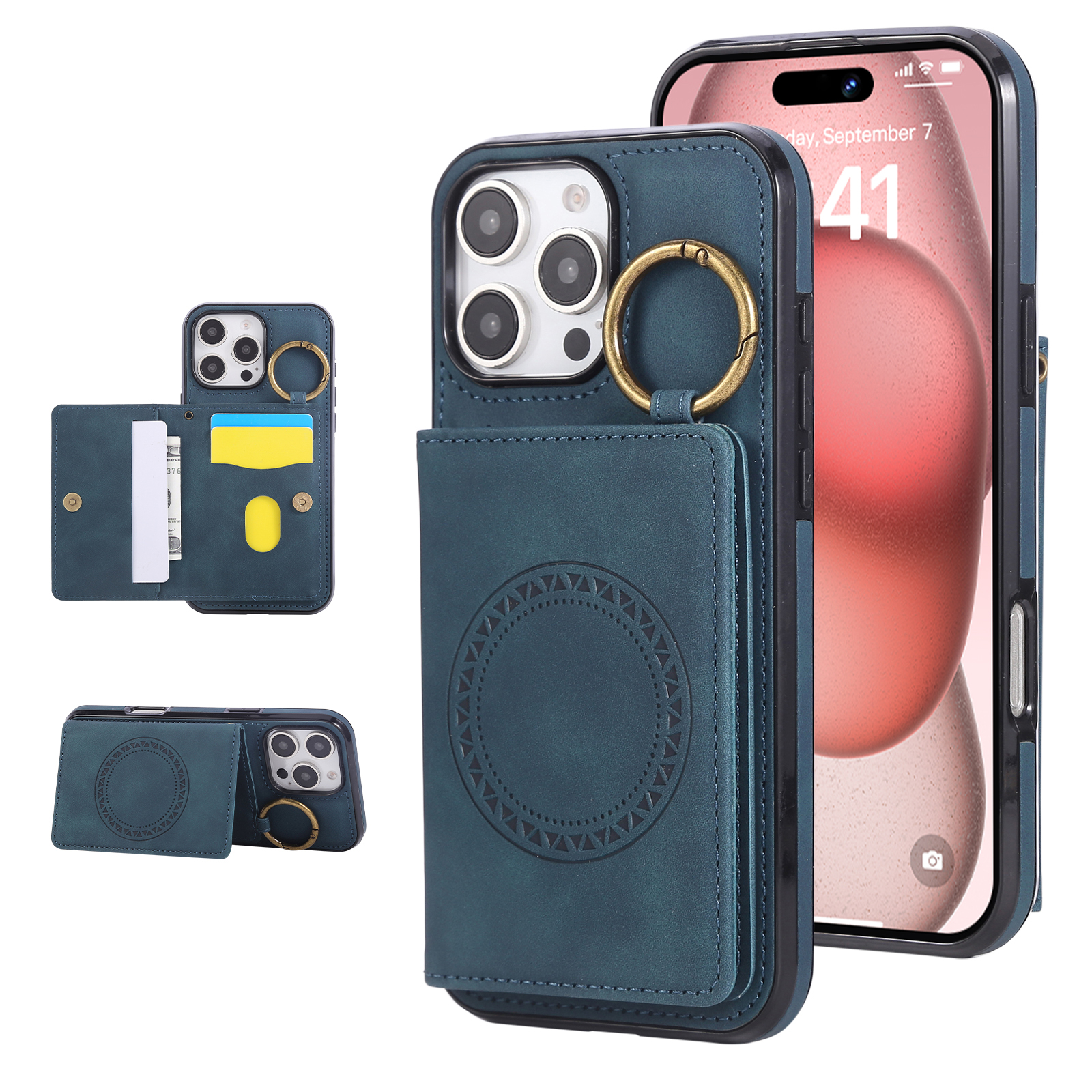For iPhone 16 Pro Max Case Card Holder Kickstand Leather + TPU Phone Cover with Ring Holder - Green