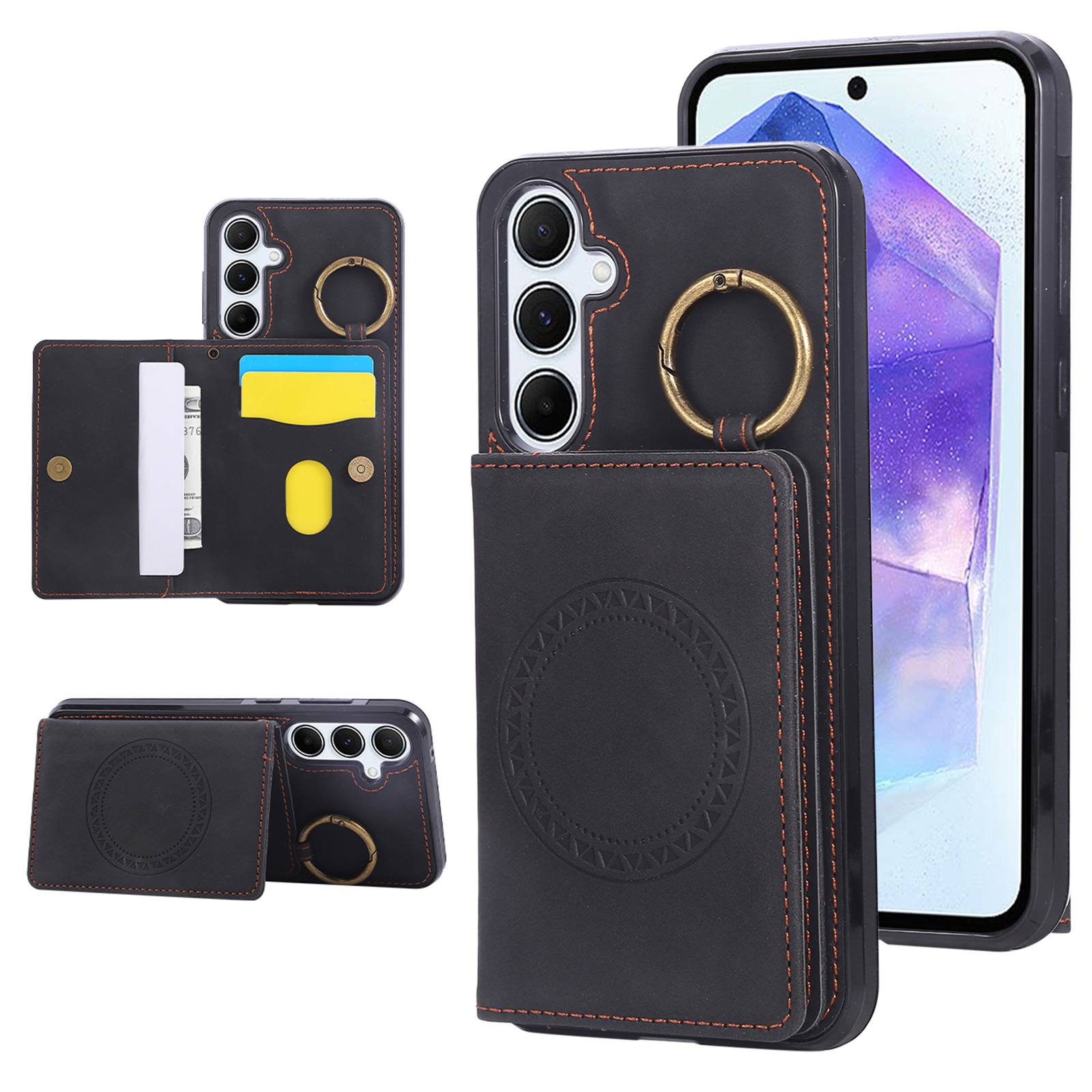 For Samsung Galaxy A17 5G / A17 4G / A26 5G Case Card Holder Kickstand Leather + TPU Phone Cover with Ring Holder - Black