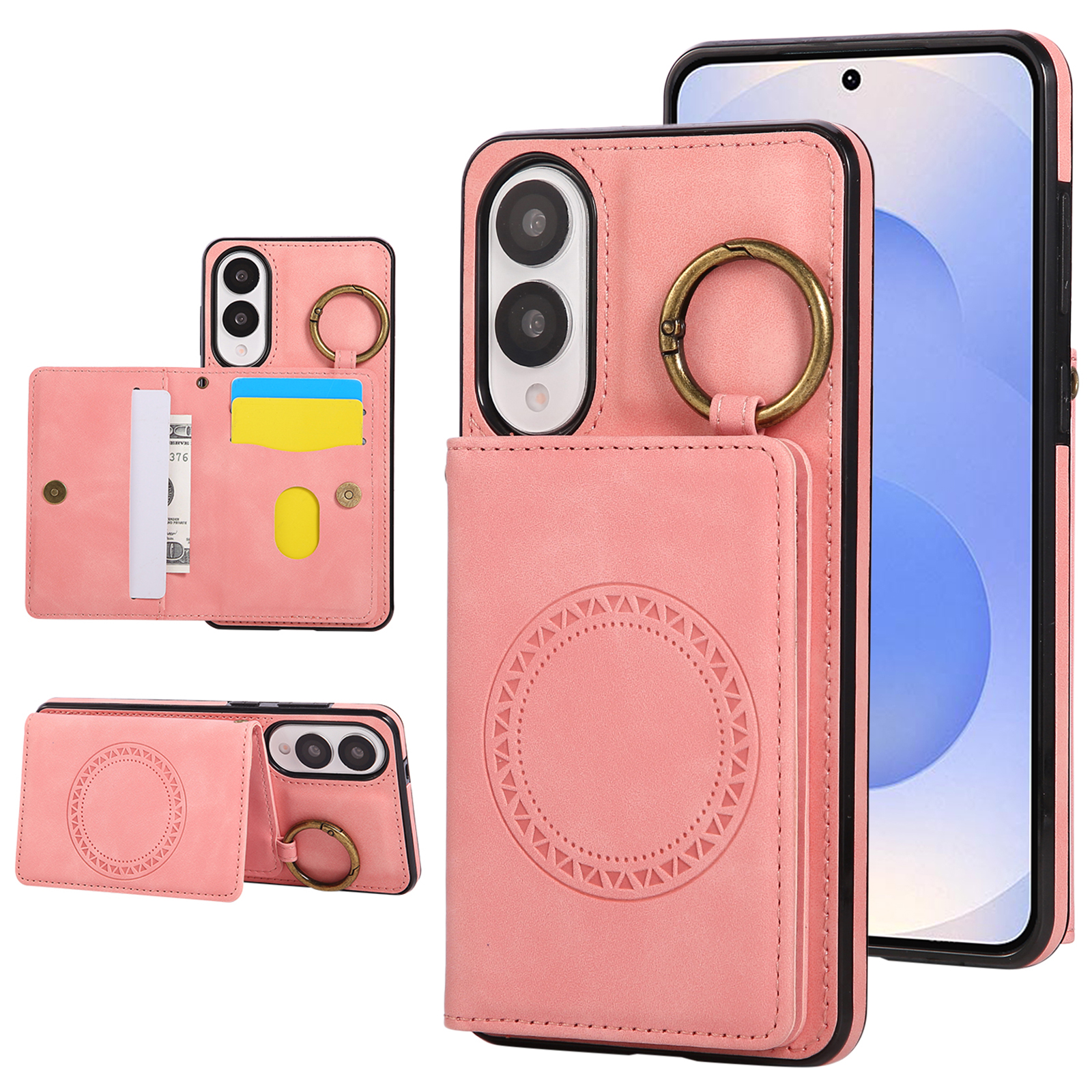 For Samsung Galaxy S25 Edge Case Card Holder Kickstand Leather + TPU Phone Cover with Ring Holder - Rose Gold
