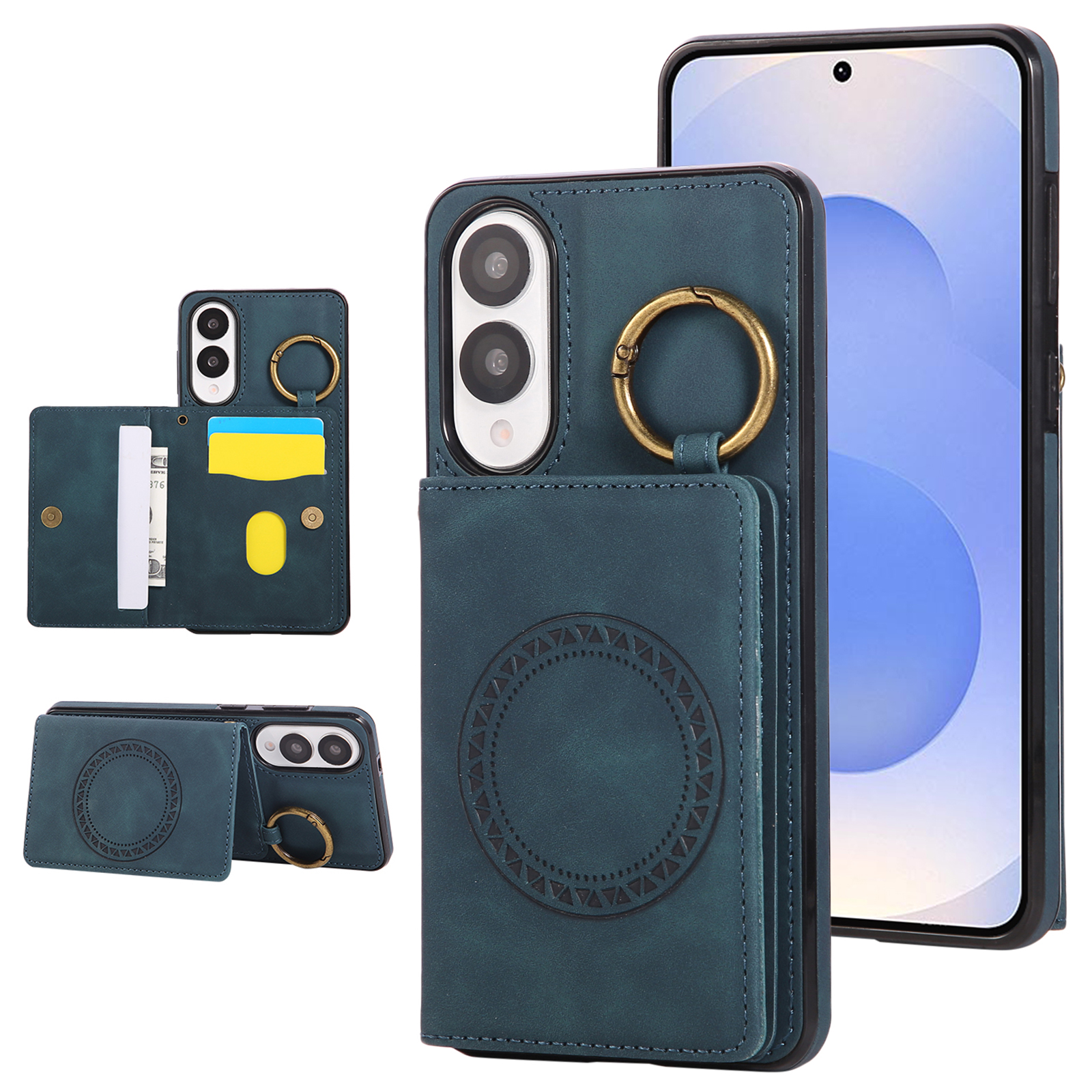 For Samsung Galaxy S25 Edge Case Card Holder Kickstand Leather + TPU Phone Cover with Ring Holder - Green