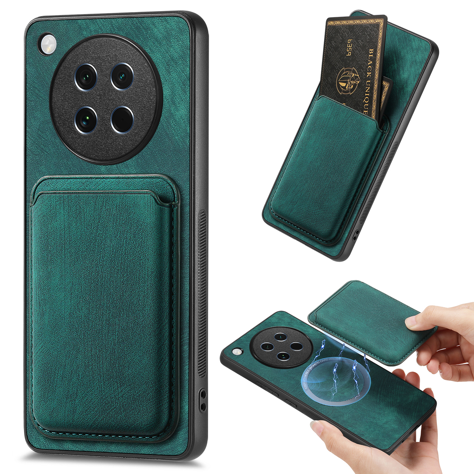 For Oppo Find X8s 5G Magnetic Case Leather Back Cover with Detachable Card Holder - Green