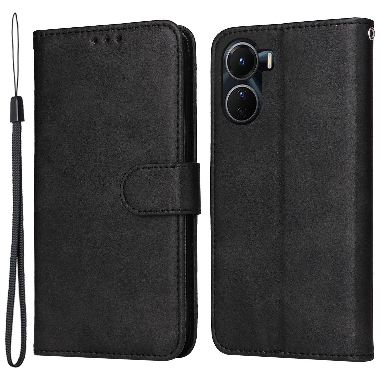 

Für Vivo Y02s 4g / Y16 4G Kalbstextur PU Leder Brieftasche Hülle Magnetverschluss Telefonständer Mit Handgelenkriemen - Schwarz, vivo Y02s 4G