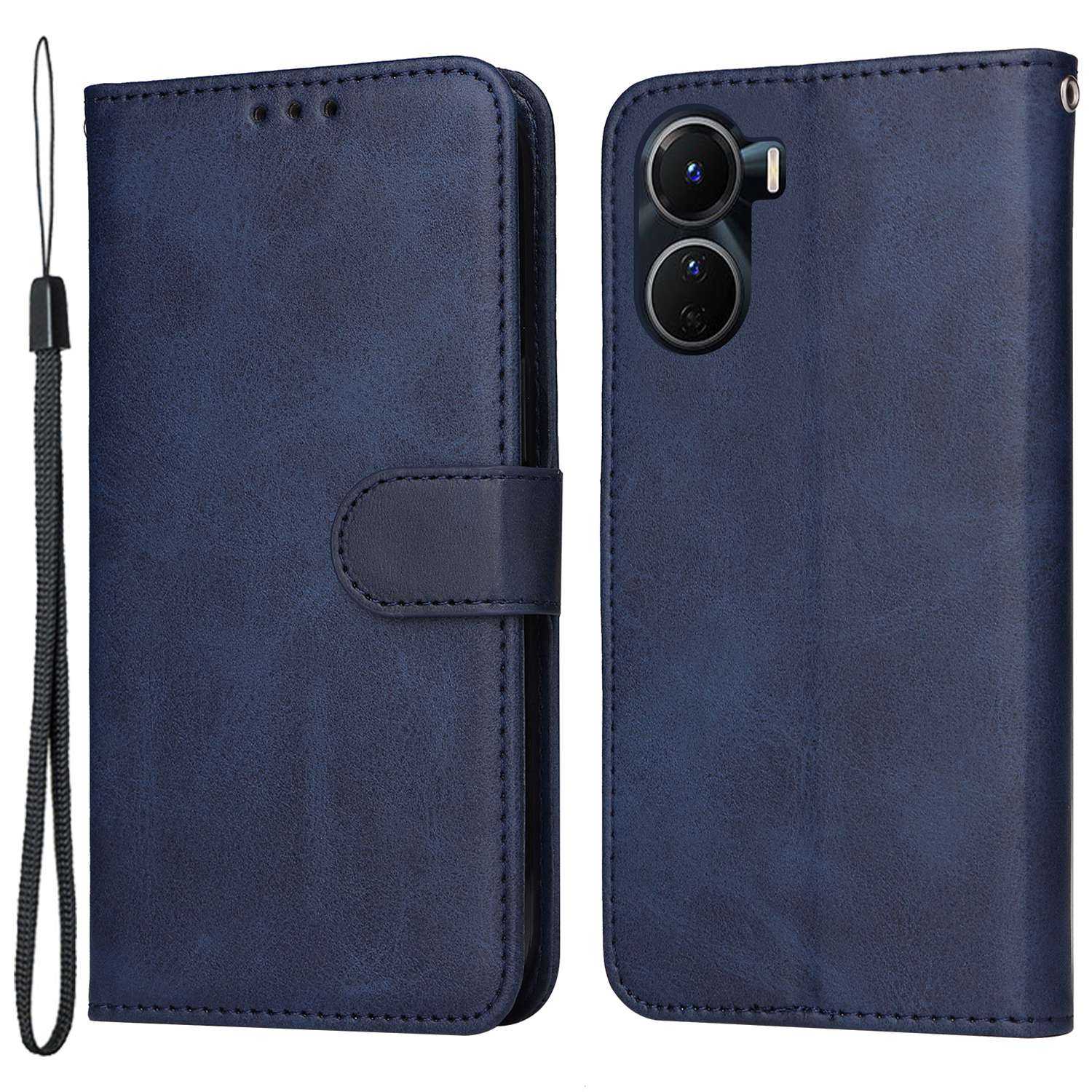 

Für Vivo Y02s 4g / Y16 4G Kalbstextur PU Leder Brieftasche Hülle Magnetverschluss Telefonständer Mit Handgelenkriemen - Blau, vivo Y02s 4G