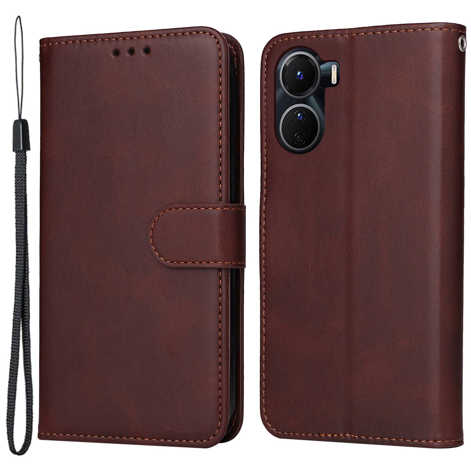 

Für Vivo Y02s 4g / Y16 4G Kalbstextur PU Leder Brieftasche Hülle Magnetverschluss Telefonständer Mit Handgelenkriemen - Braun, vivo Y02s 4G
