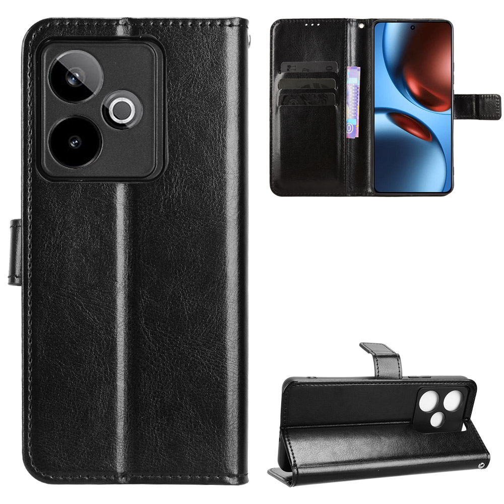 For Realme GT7 5G (China) / Realme GT 7 5G PU Leather Case with Strap Crazy Horse Texture Phone Wallet Cover - Black