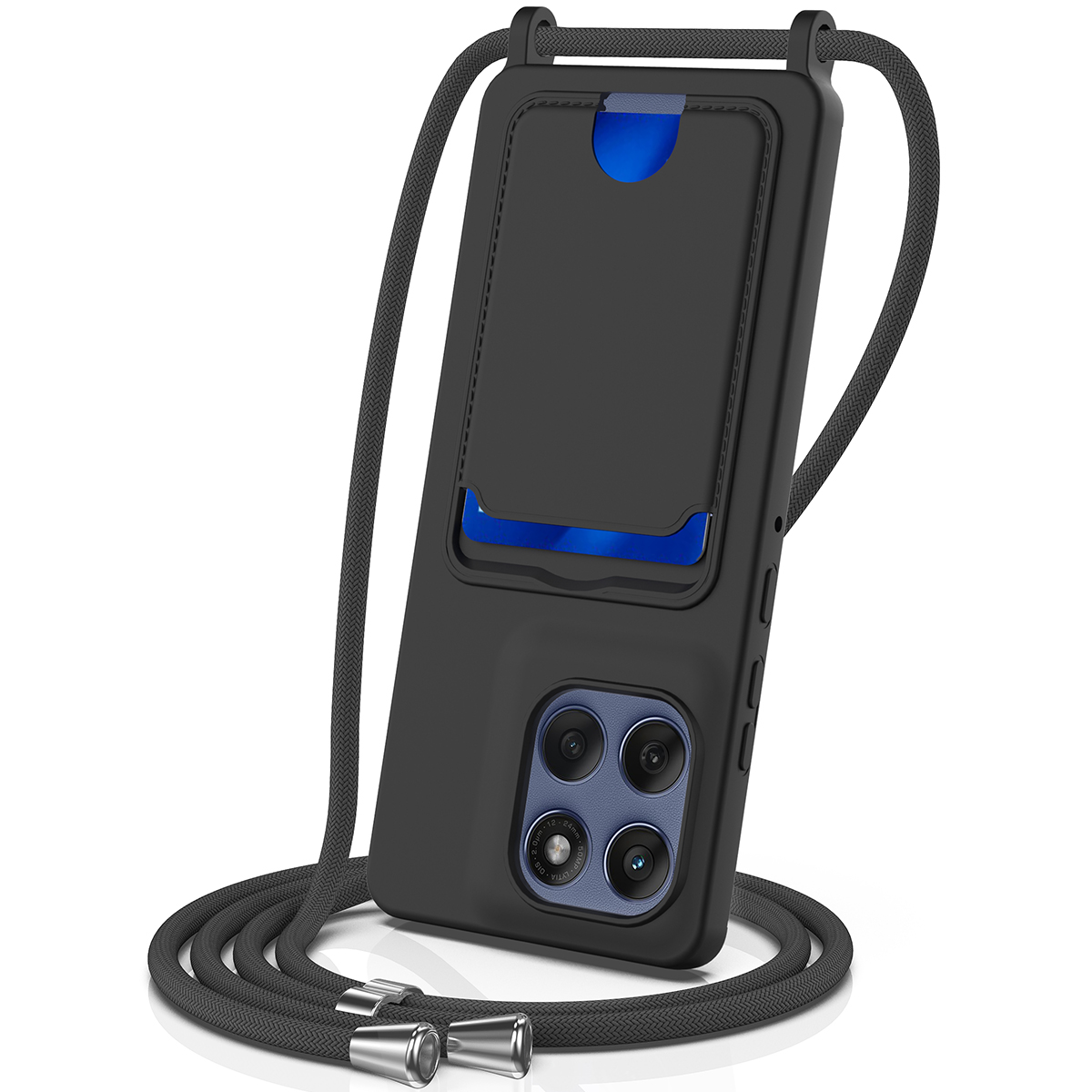 For Motorola Moto G Stylus 5G (2025) / Motorola Edge 60 Stylus 5G Case Liquid Silicone Card Holder Back Phone Cover with Lanyard - Black