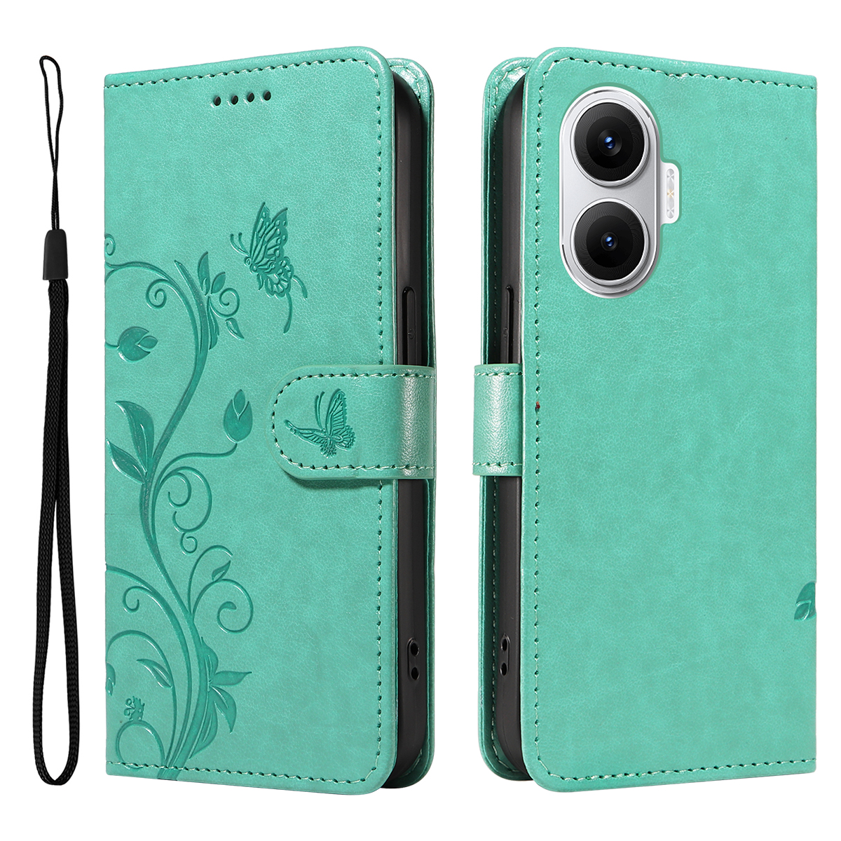 For Xiaomi Poco F7 5G / Xiaomi Redmi Turbo 4 Pro 5G PU Leather Cases Flower Pattern Wallet Stand Phone Cover with Strap - Green