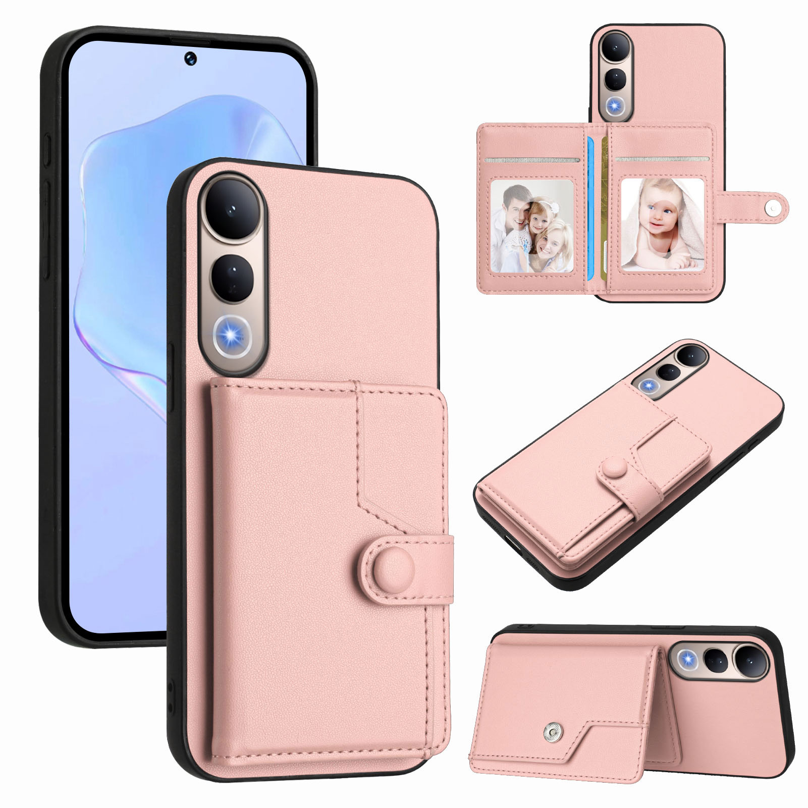 For vivo V50 Lite 5G Case RFID Blocking Card Holder Kickstand TPU + PU Leather Phone Back Cover - Rose Gold