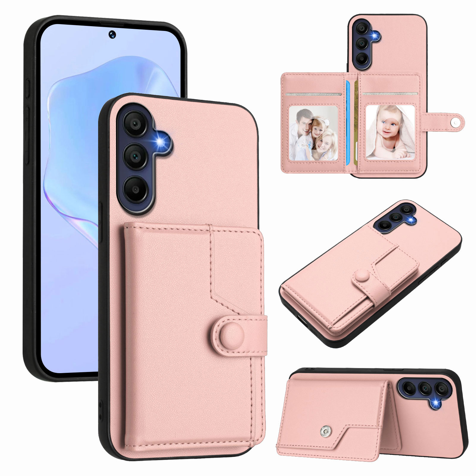 For Samsung Galaxy A16 4G / Galaxy A16 5G Case RFID Blocking Card Holder Kickstand TPU + PU Leather Phone Back Cover - Rose Gold