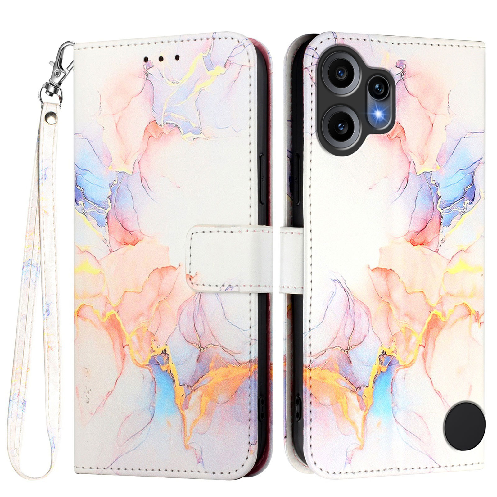 For Nothing CMF Phone 2 Pro Case with Strap Marble Pattern Leather Phone Cover Card Holder - Milky Way Marble White LS004