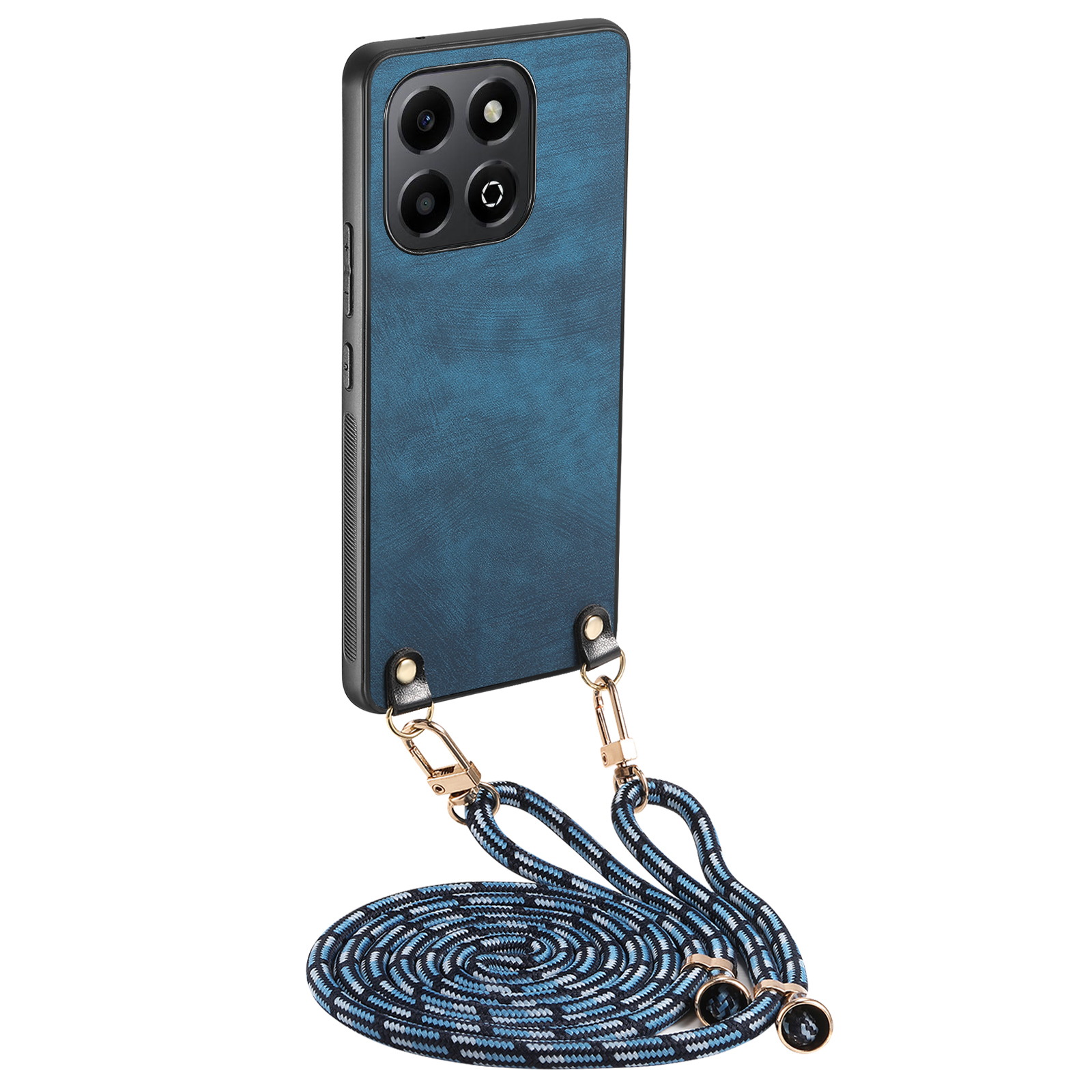 For Honor X6b 4G Retro Leather Phone Back Cover with Adjustable Strap - Blue