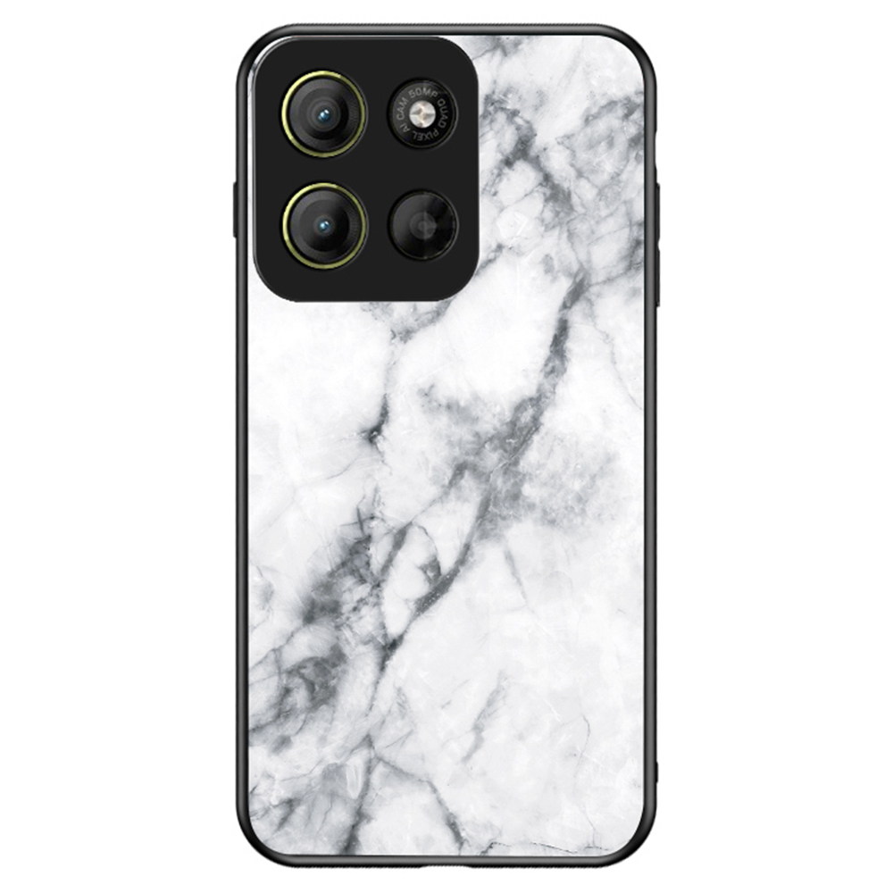 For Motorola Moto G17 Power 4G / G17 4G / G15 4G / G15 Power 4G Case Marble Pattern Tempered Glass + PC + TPU Protective Phone Cover - White Marble