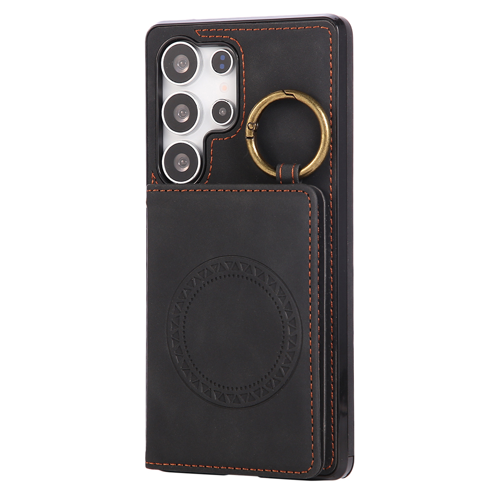 For Samsung Galaxy S25 Ultra Case Card Holder Kickstand Leather + TPU Phone Cover with Ring Holder - Black