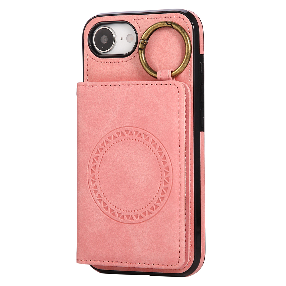 For iPhone 17e / 16e Case Card Holder Kickstand Leather + TPU Phone Cover with Ring Holder - Rose Gold