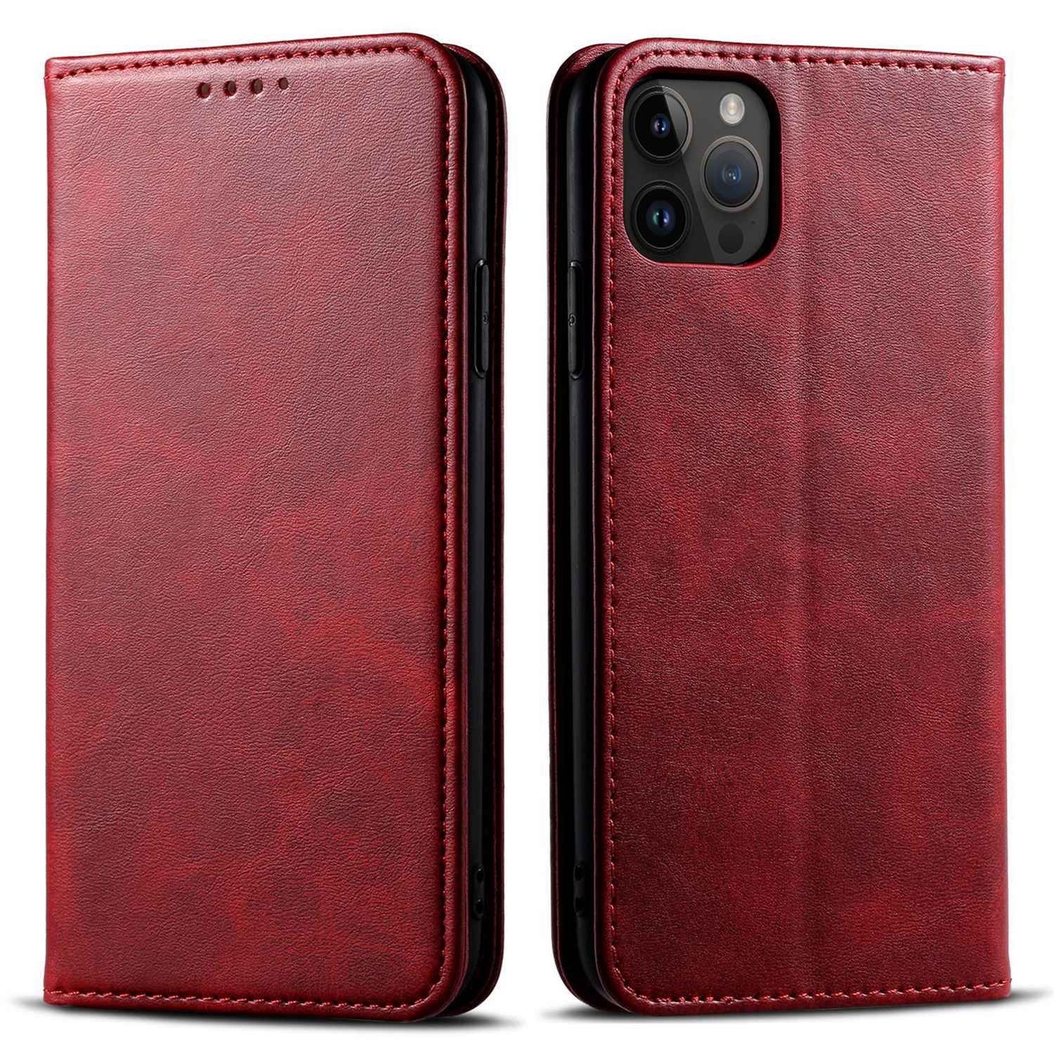 

For iPhone 14 Pro Business Style PU Leather Phone Cover Wallet Stand Full Protection Calf Texture Phone Case - Red, iPhone 14 Pro