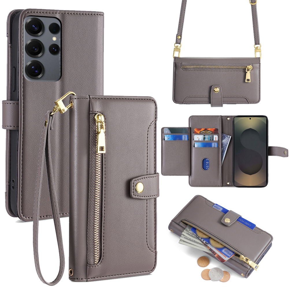 For Samsung Galaxy S25 Ultra Leather Case Zipper Pocket Wallet Phone Cover with 2 Straps - Grey