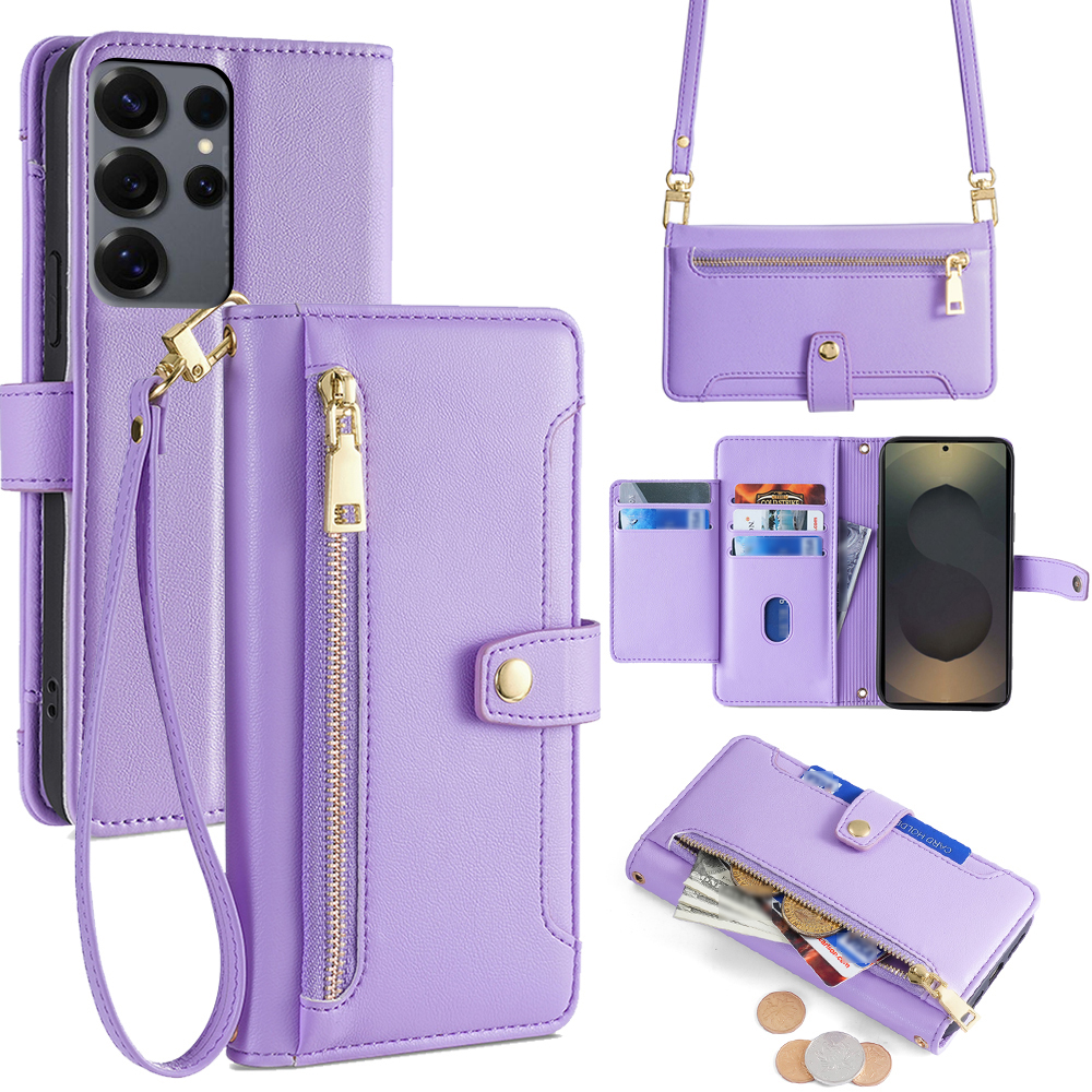 For Samsung Galaxy S25 Ultra Leather Case Zipper Pocket Wallet Phone Cover with 2 Straps - Purple