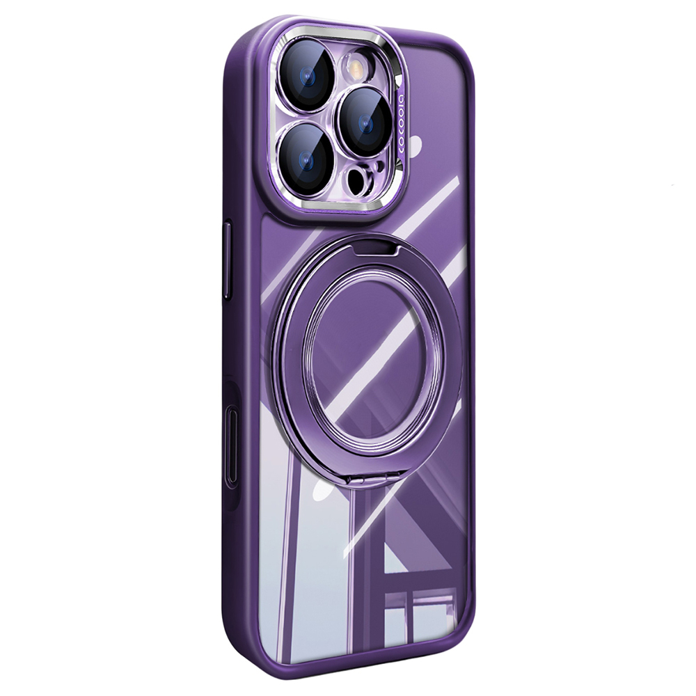 For iPhone 16 Pro Case Magnetic Rotating Kickstand PC + TPU Phone Cover with Detachable Camera Lens Film - Purple