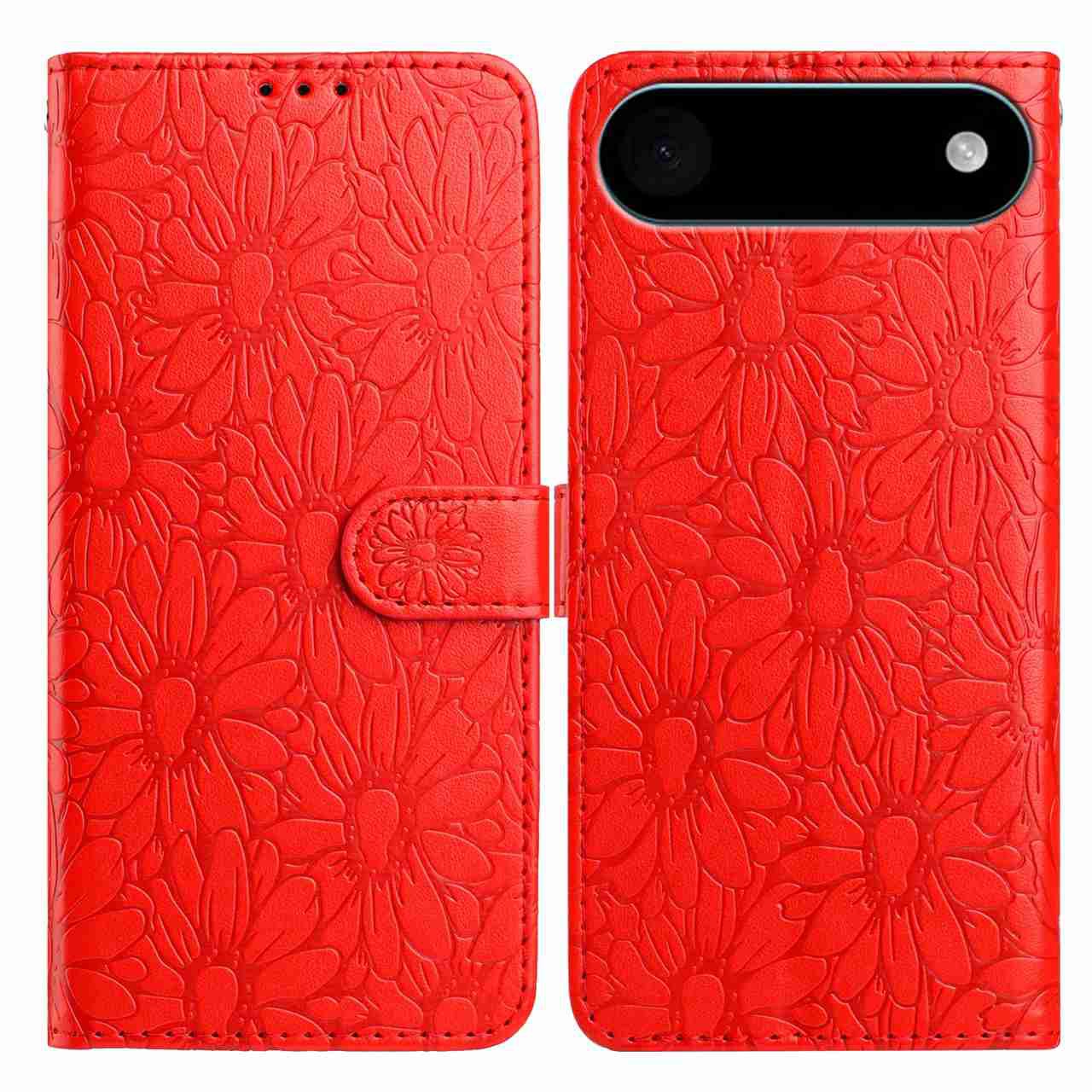 For iPhone Air Leather Case Daisy Imprint Wallet Stand Phone Protective Cover - Red